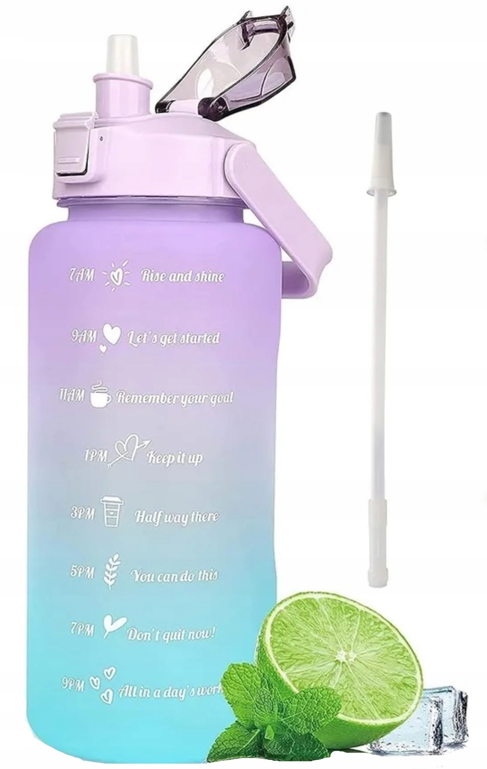 DUŻY BIDON ZE SŁOMKĄ NA WODE BUTELKA Z UCHWYTEM I MIARKĄ MOTYWACYJNĄ 2 L