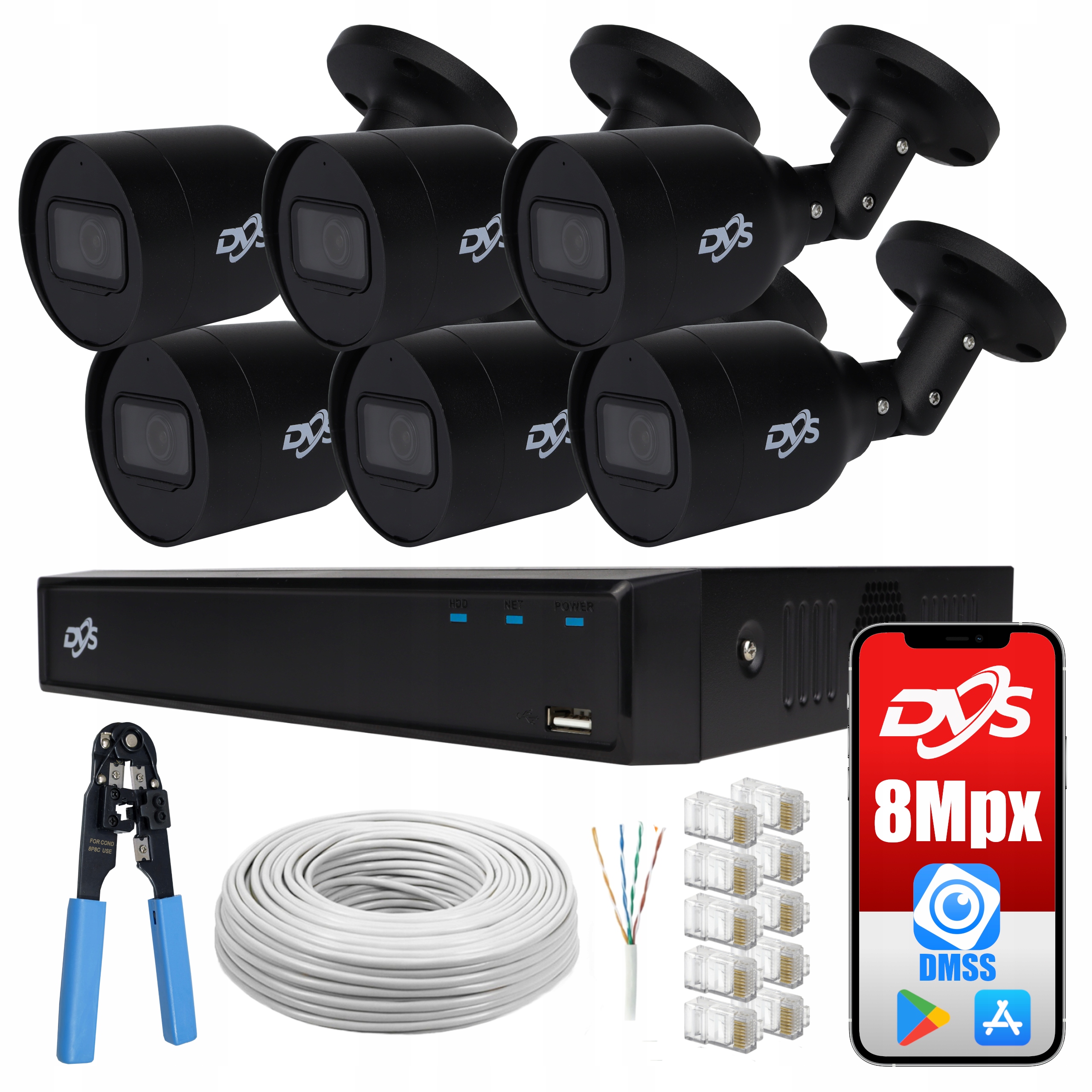

Zestaw Monitoringu 6 Kamer Ip Czarne 8Mpx 4K PoE