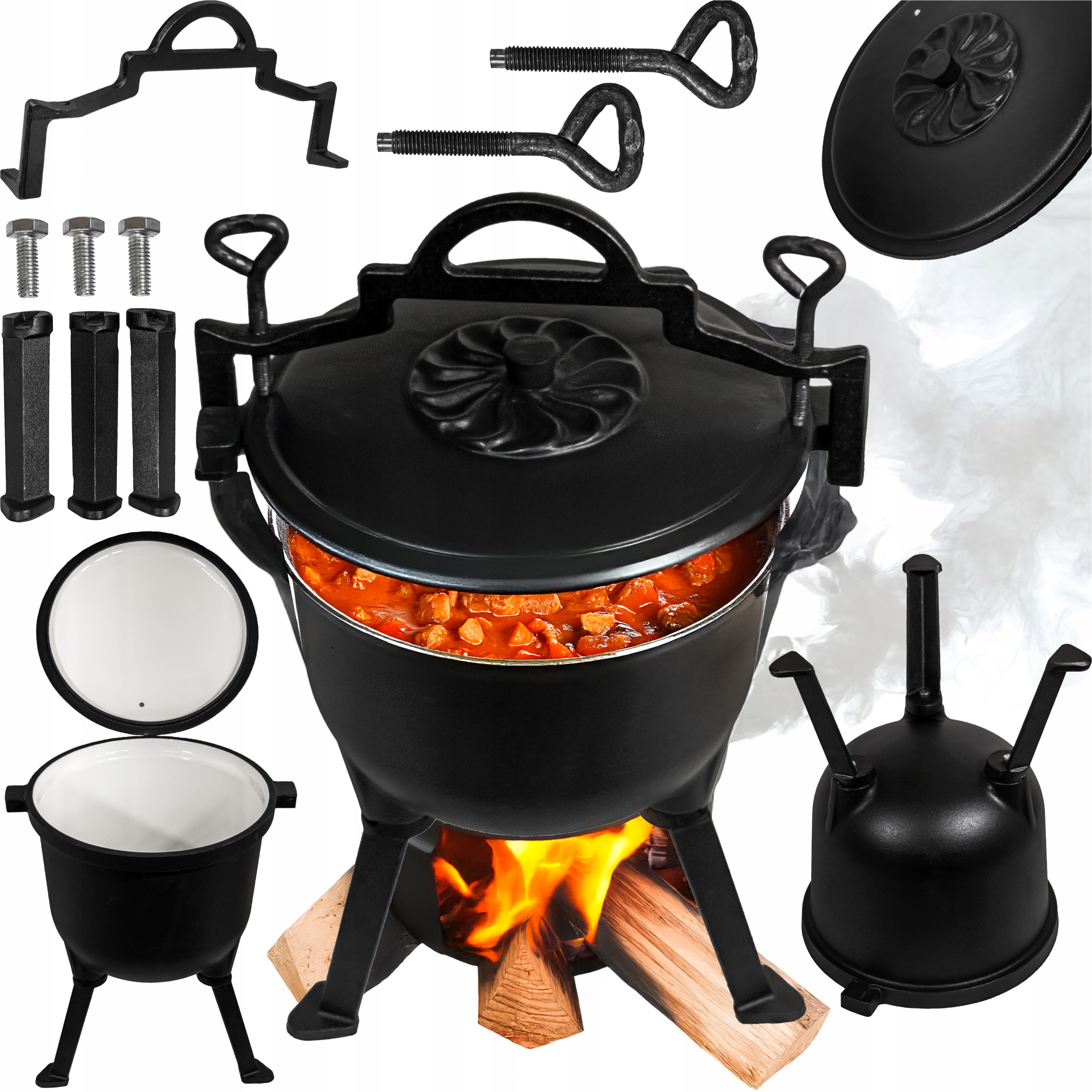 Kociołek Gar Sagan Myśliwski Żeliwny Pokrywa Trójnóg Emaliowany Ogniska 10L