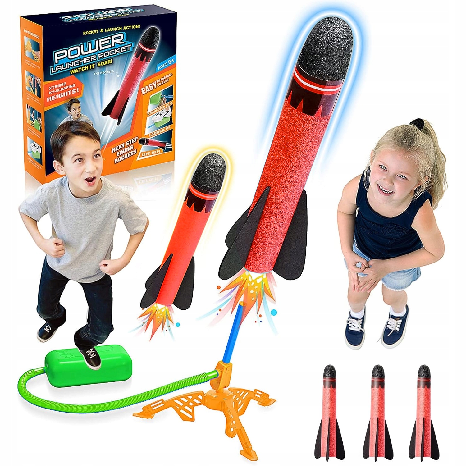 WYRZUTNIA RAKIET PIANKOWYCH ZABAWKA DLA DZIECI STOMP ROCKET GRA Z 3 RAKIETA