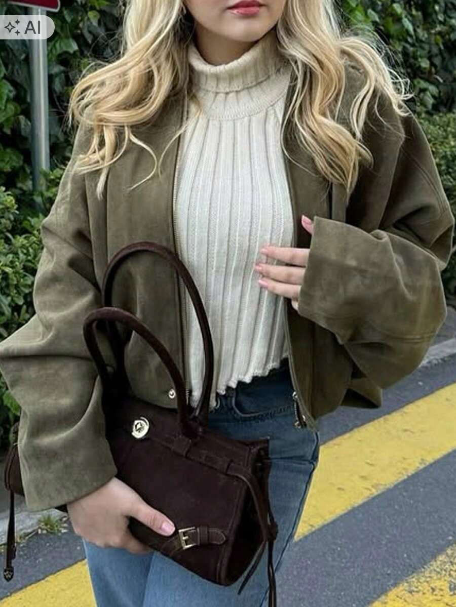 Shein Semišová Bunda Bomber Khaki S Širokými Rukávy 1 M