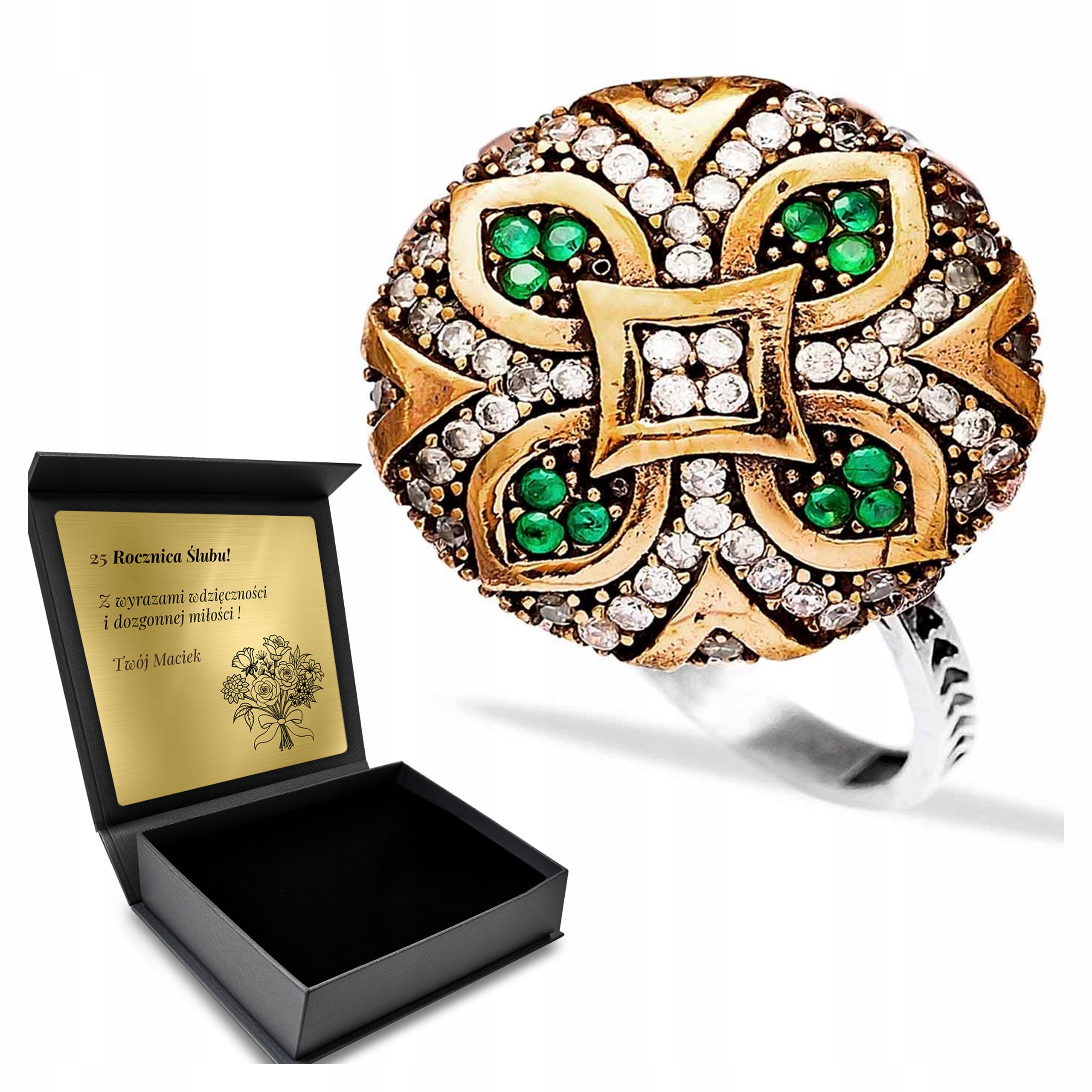 Prstýnek 925 Zirkony Smaragd Dárek na Valentýna Gravírování