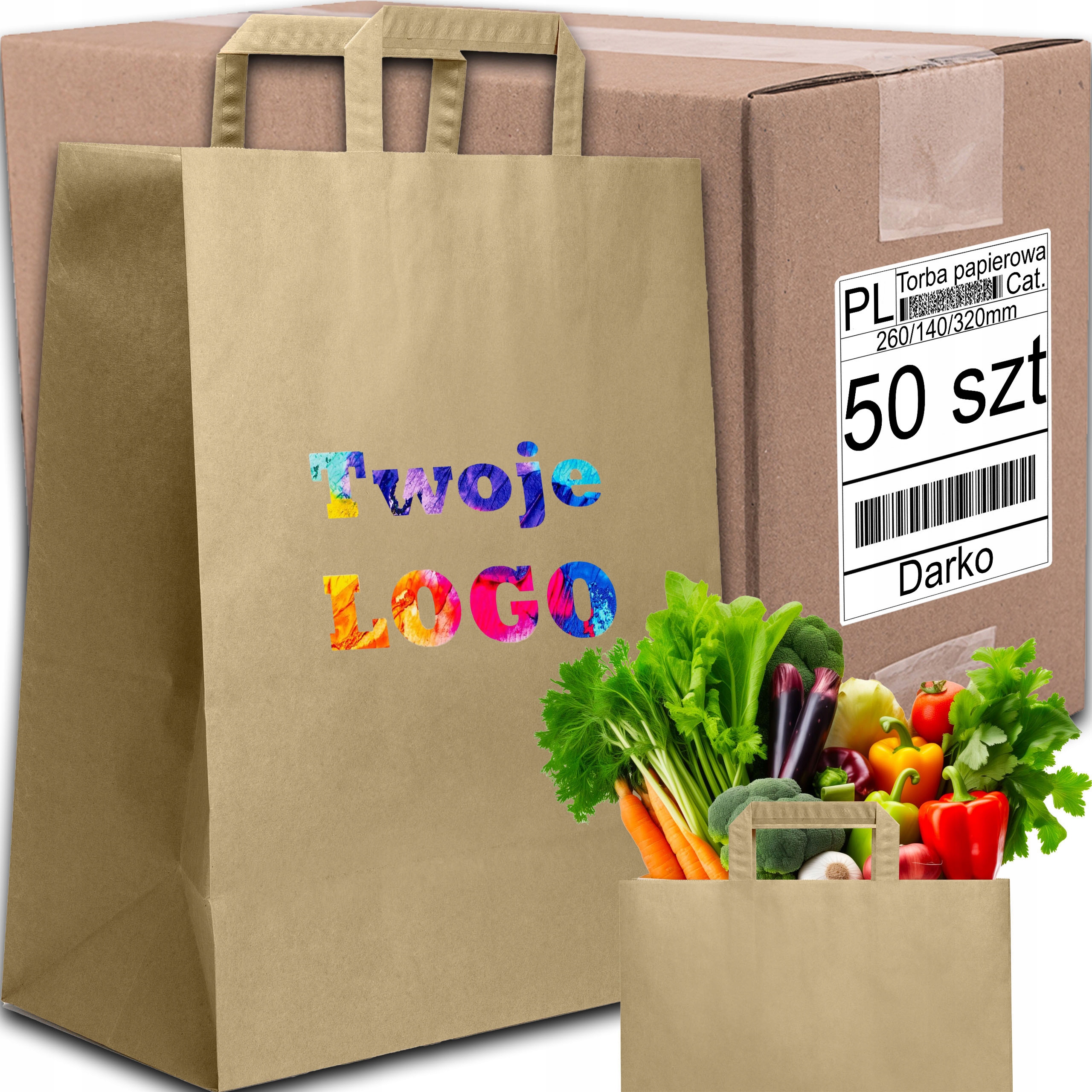TORBA PAPIEROWA CATERINGOWA BRĄZOWA 260/140/320mm 26/14/32cm 50SZT +NADRUK