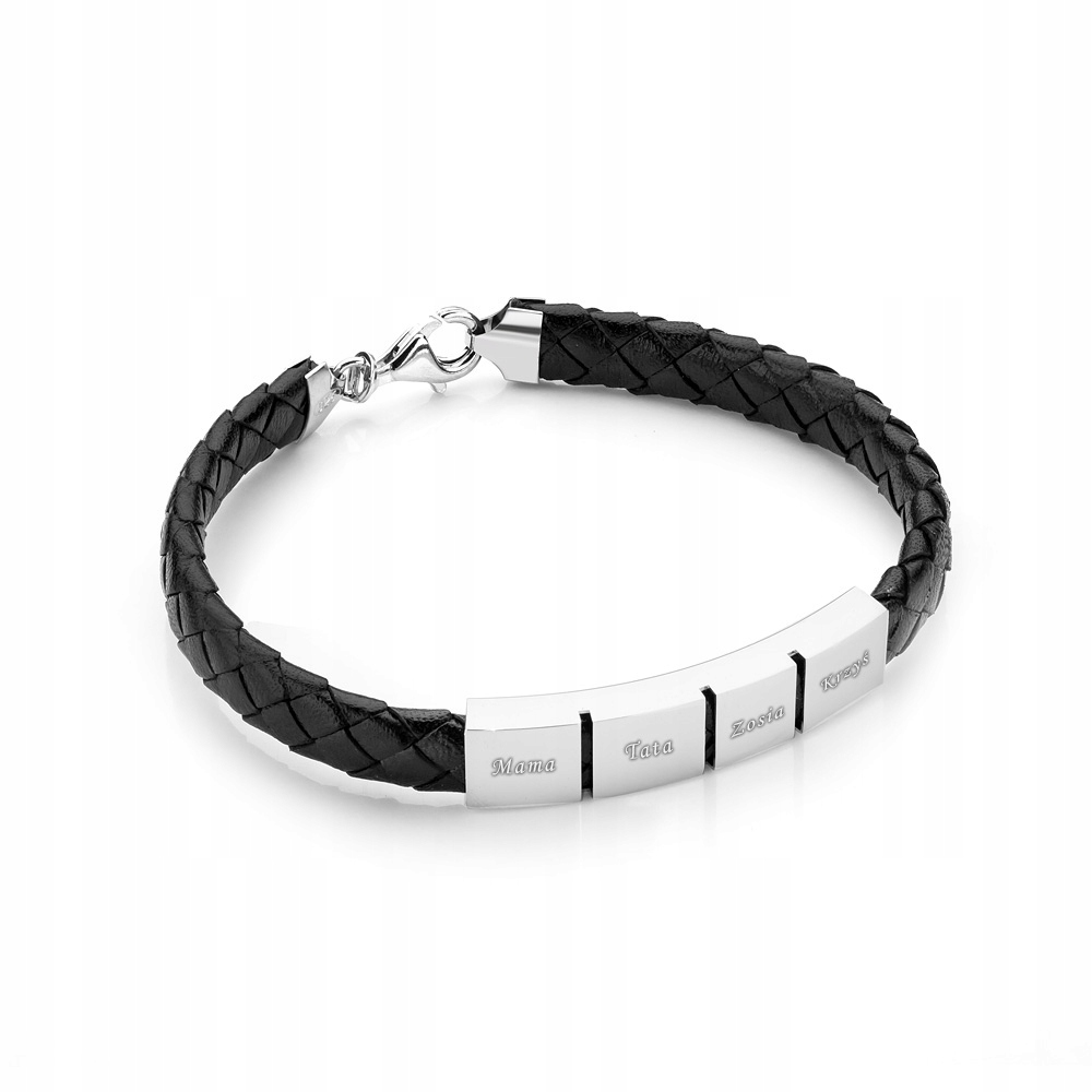 Pánský Černý Kožený Náramek ryzost 925 s gravírováním Krabička