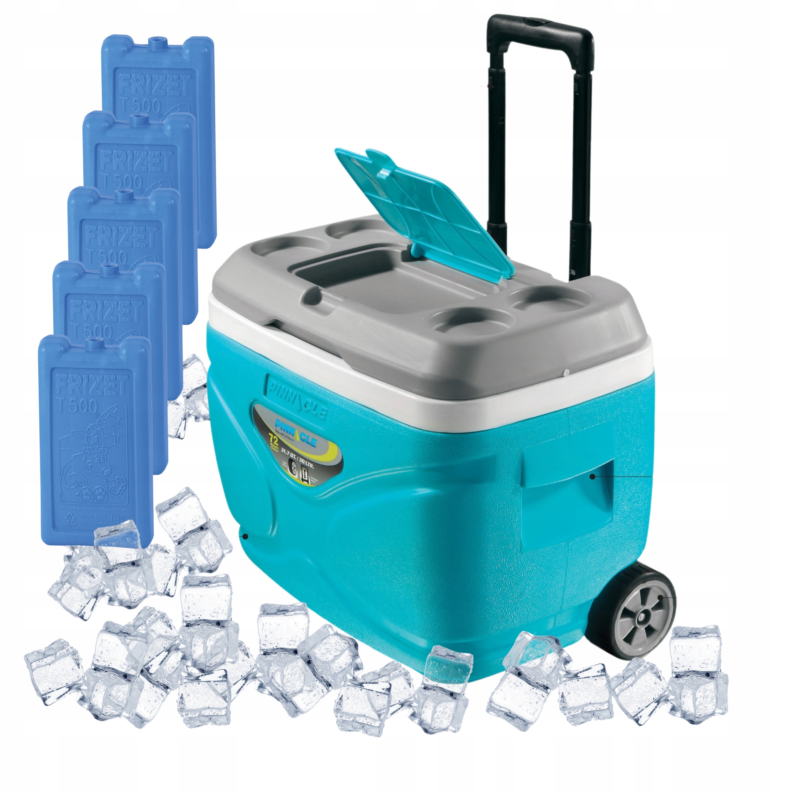 Turistická lednička na kolečkách tyrkysová Pinnacle 30 l 5 náplní 500 ml