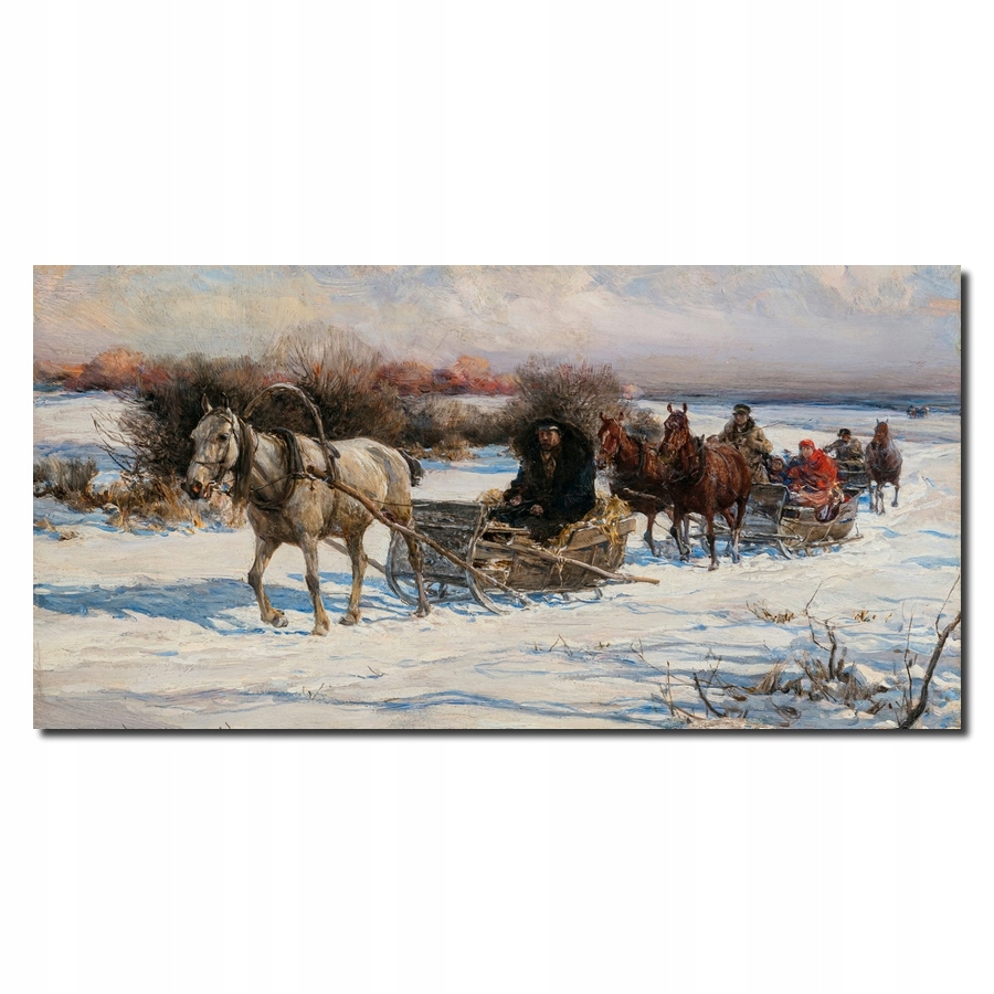 obraz Alfred Wierusz-Kowalski Przejażdżka saniami z końmi pejzaż
