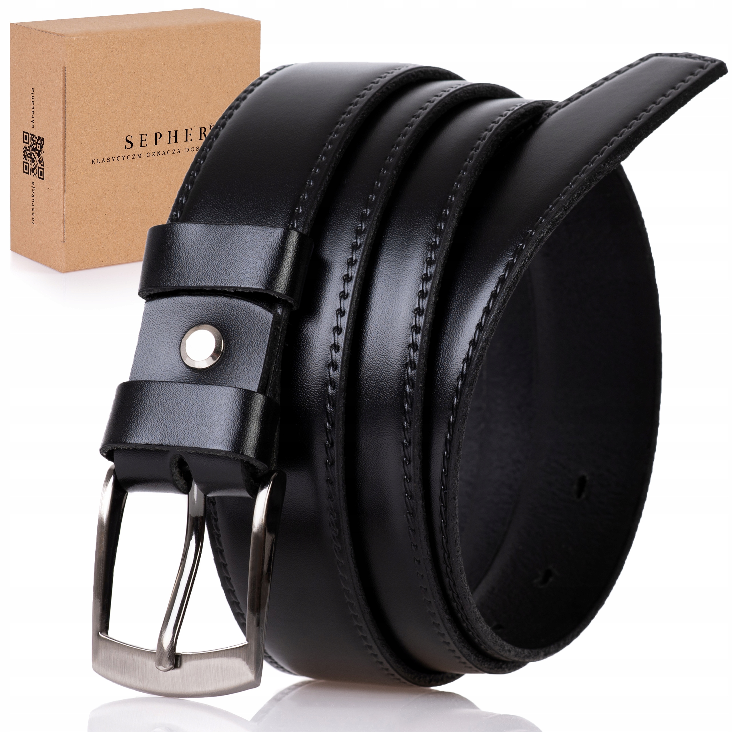 

Sepher Pasek Skórzany Męski Czarny przeszycie pas