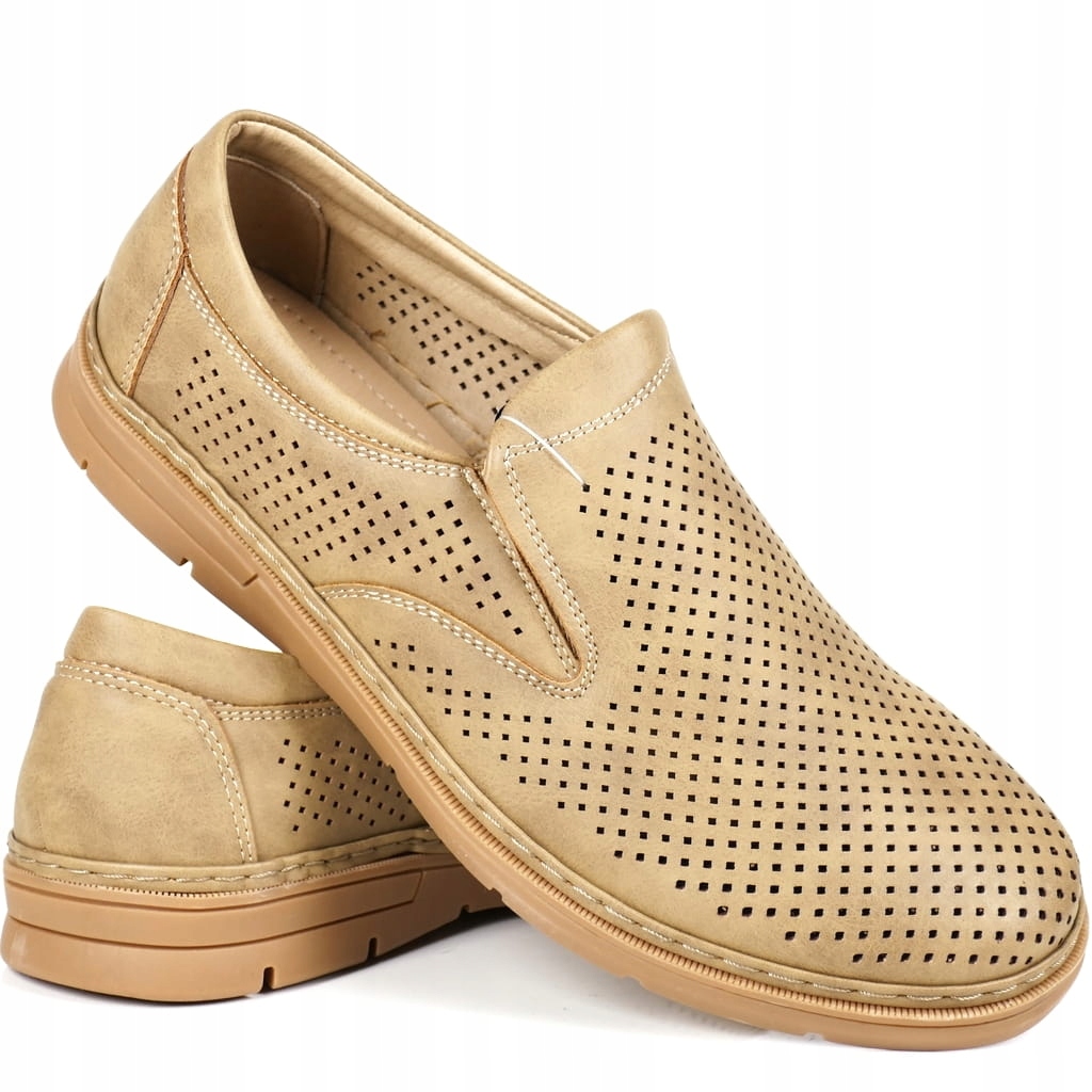 Béžové Pánské Polobotky Mokasíny S Nazouvacími Perforovanými Prodyšnými Vložkami, Kůže