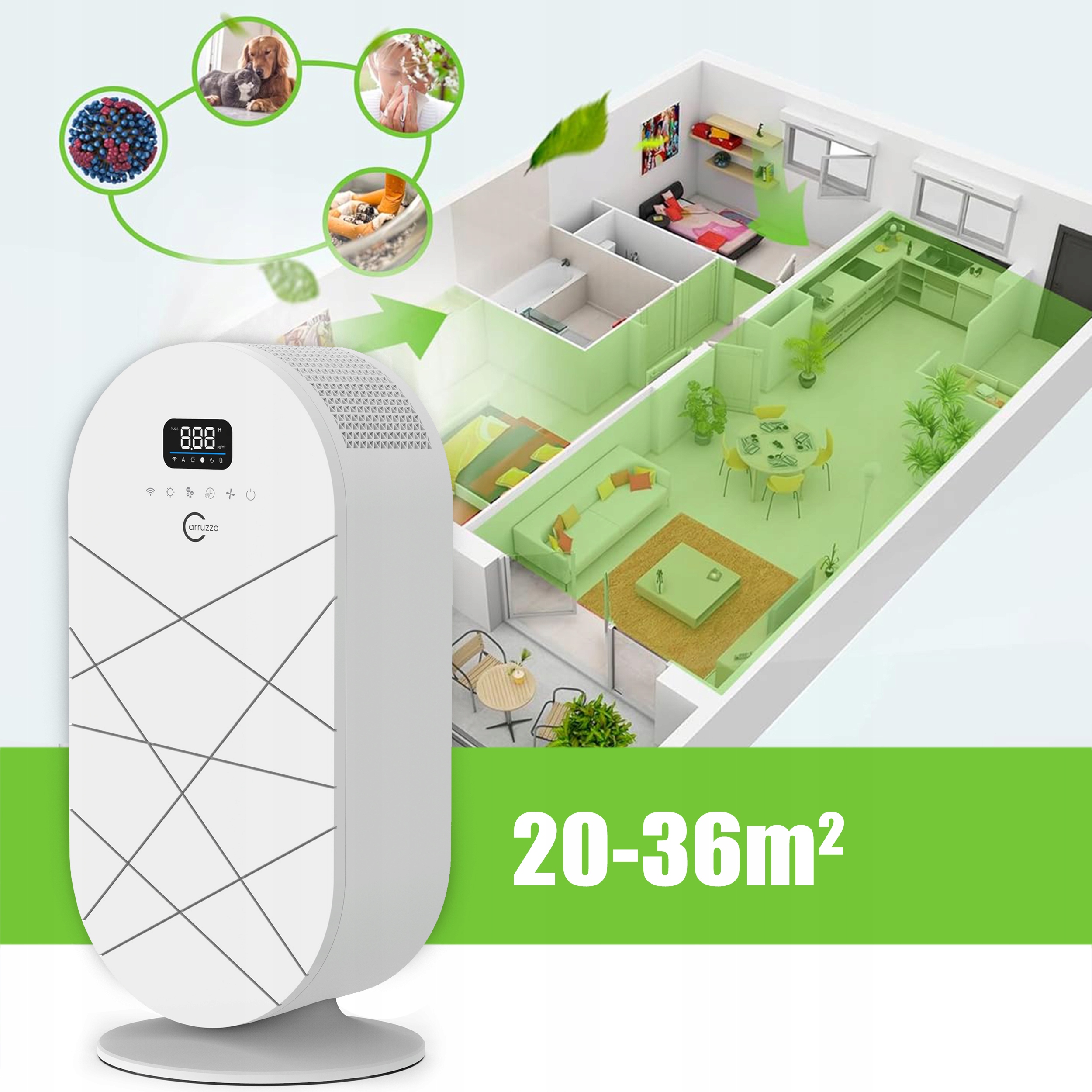 OCZYSZCZACZ POWIETRZA JONIZATOR HEPA13 WIFI Aplikacja STERYLIZACJA UV Maksymalna wydajność 300 m³/h