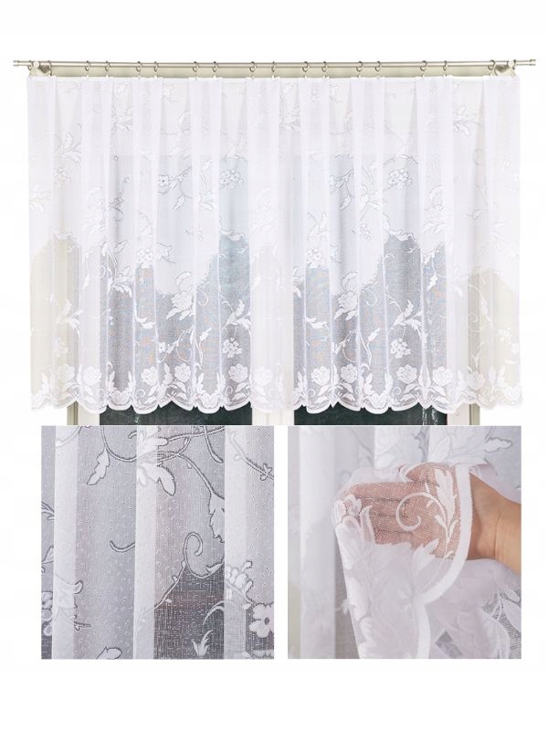 Záclona Krátká Žakárová Bílá Záclona Všitá páska na žabky, šířka 350 x 120 cm
