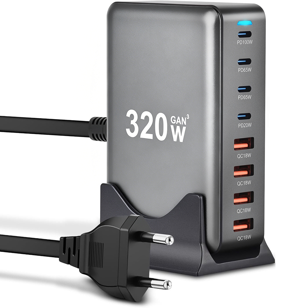 Rychlá Síťová Nabíječka 4xUSB 4xUSB-C GaN3 320W Qc Pd pro telefon a notebook