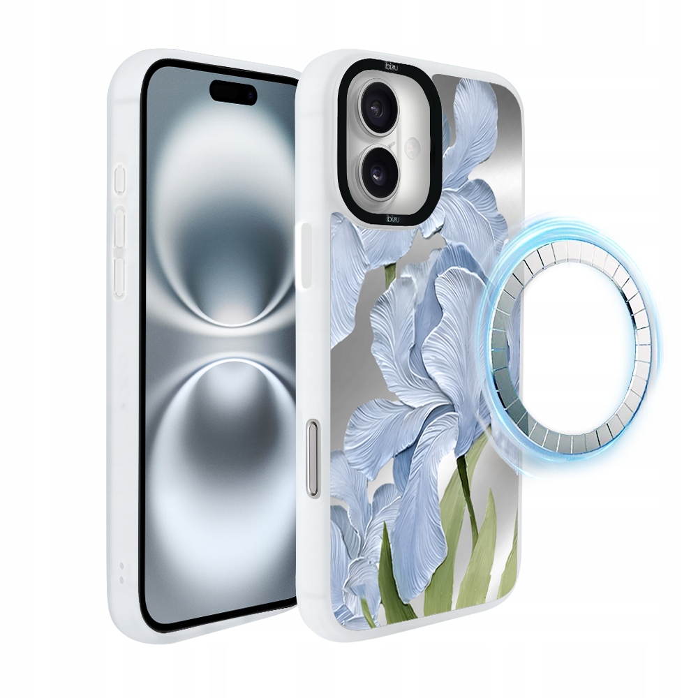 Pouzdro pro iPhone 16 Ibizu DropGuard Matt s MagSafe, modrý kosatec, bílé