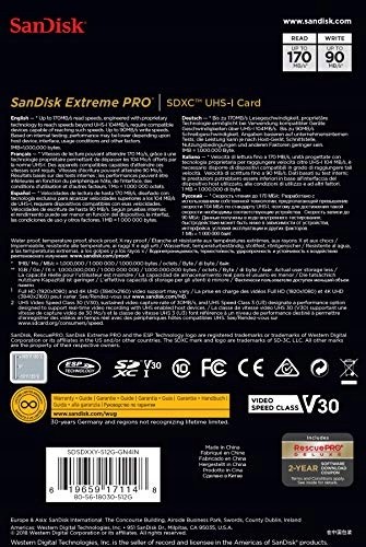 SanDisk Extreme Pro 512 Gb SDXC-Speicherkarte mit Typ karty SDXC