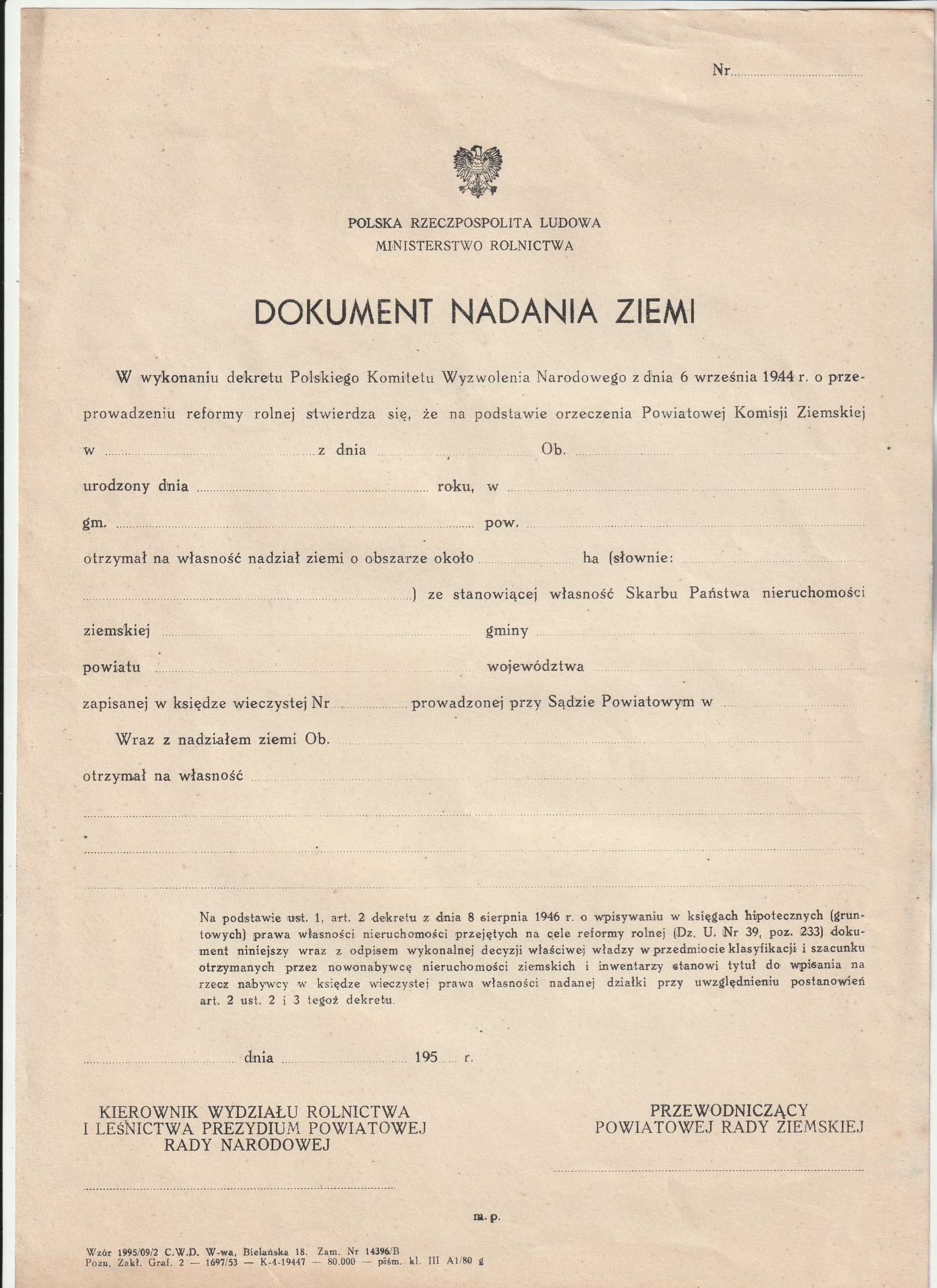 PRL. -REFORMA ROLNA. Dokument nadania ziemi, blankiet niewypełniony