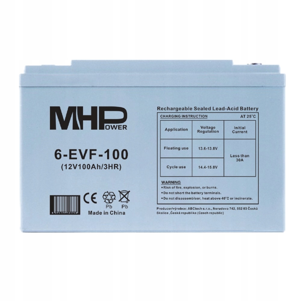 MHPower 6-EVF-100 Trakční gelová baterie 12V/100Ah Terminál M8 Deep Cycle
