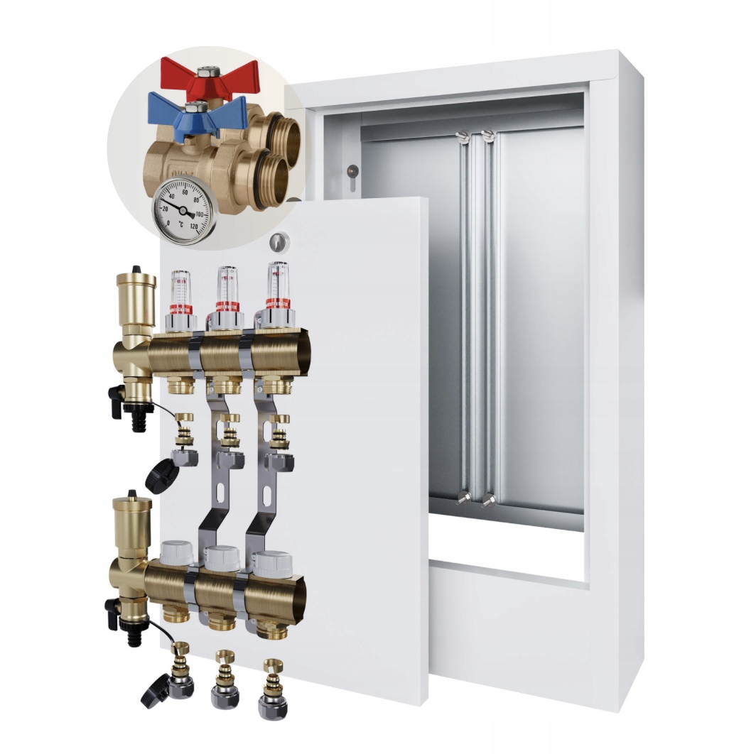 Rozdělovač podlahového vytápění 3+nástěnná skříňka+PEX+KULOVÝ Ventil Jednoduchý