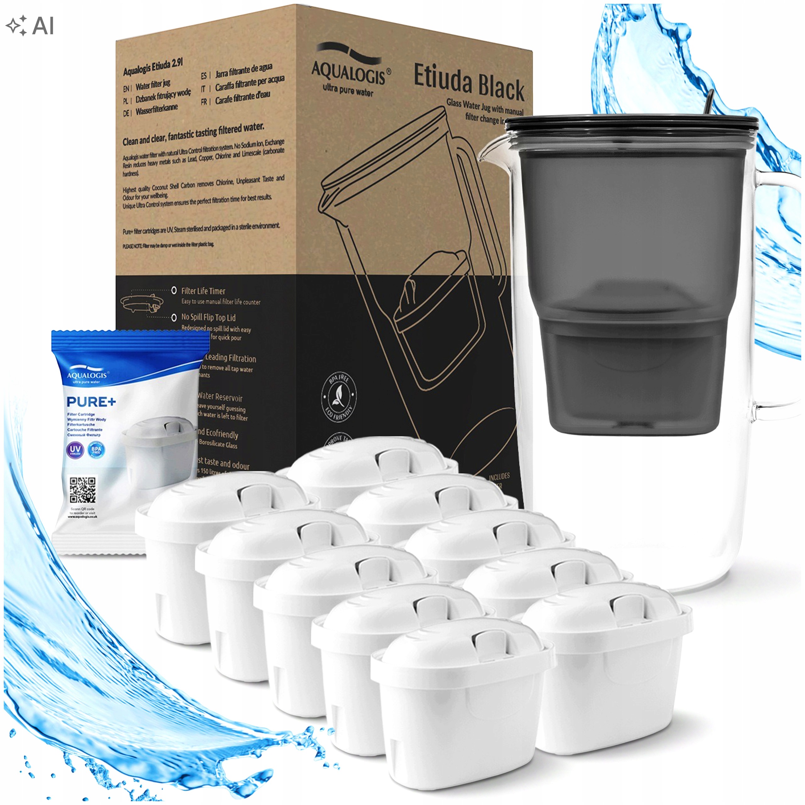 Filtrační Konvice Skleněný Etiuda Černý 10 x Vložky Pure+ Vyměnitelné