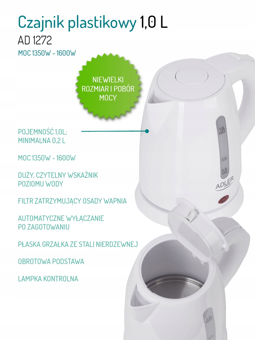 Czajnik Mini AD 1272 1,0 L Szybkie Gotowanie Biały 1350W