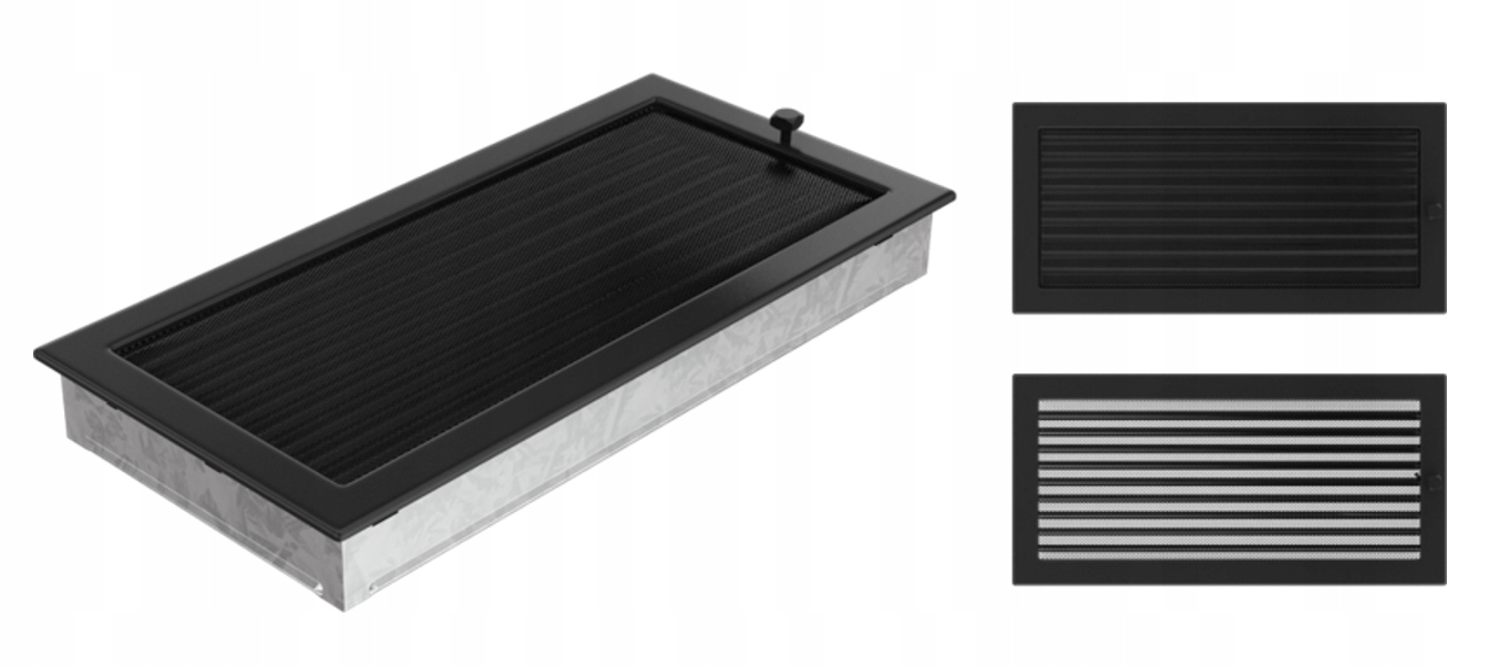 Větrací krbová mřížka černá s žaluzií 22x45, široká, lakovaná