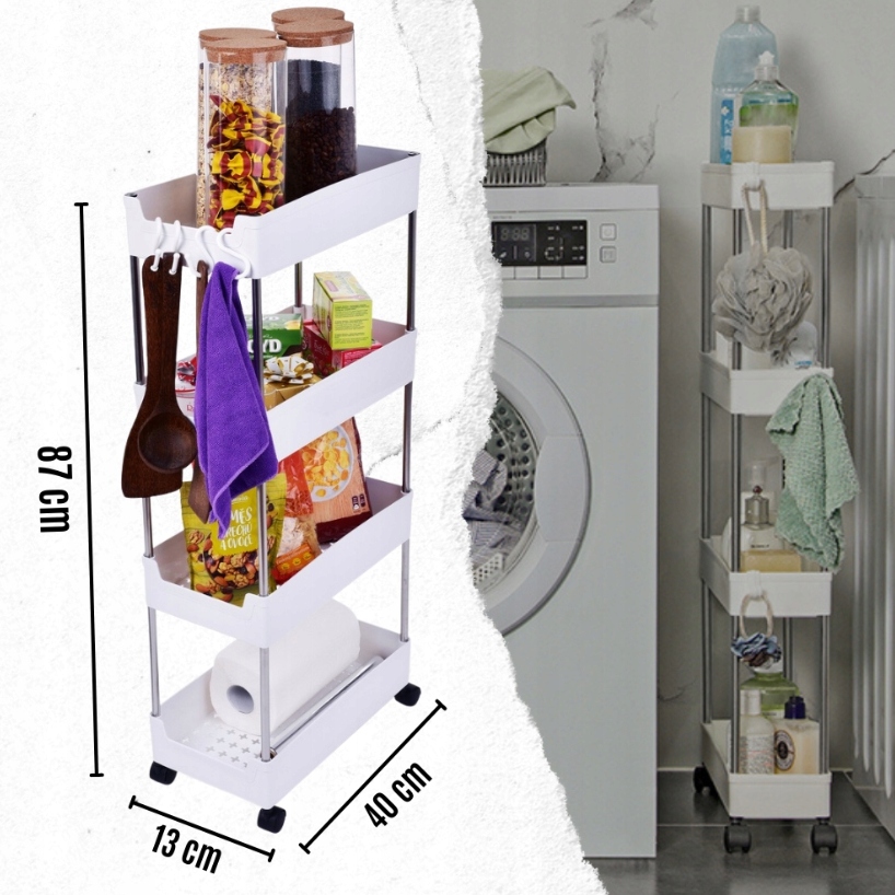 PÓŁKA ŁAZIENKOWA KUCHENNA SZAFKA NA KÓŁKACH REGAŁ 4 POZIOMOWY Z HACZYKAMI EAN (GTIN) 5905982045221