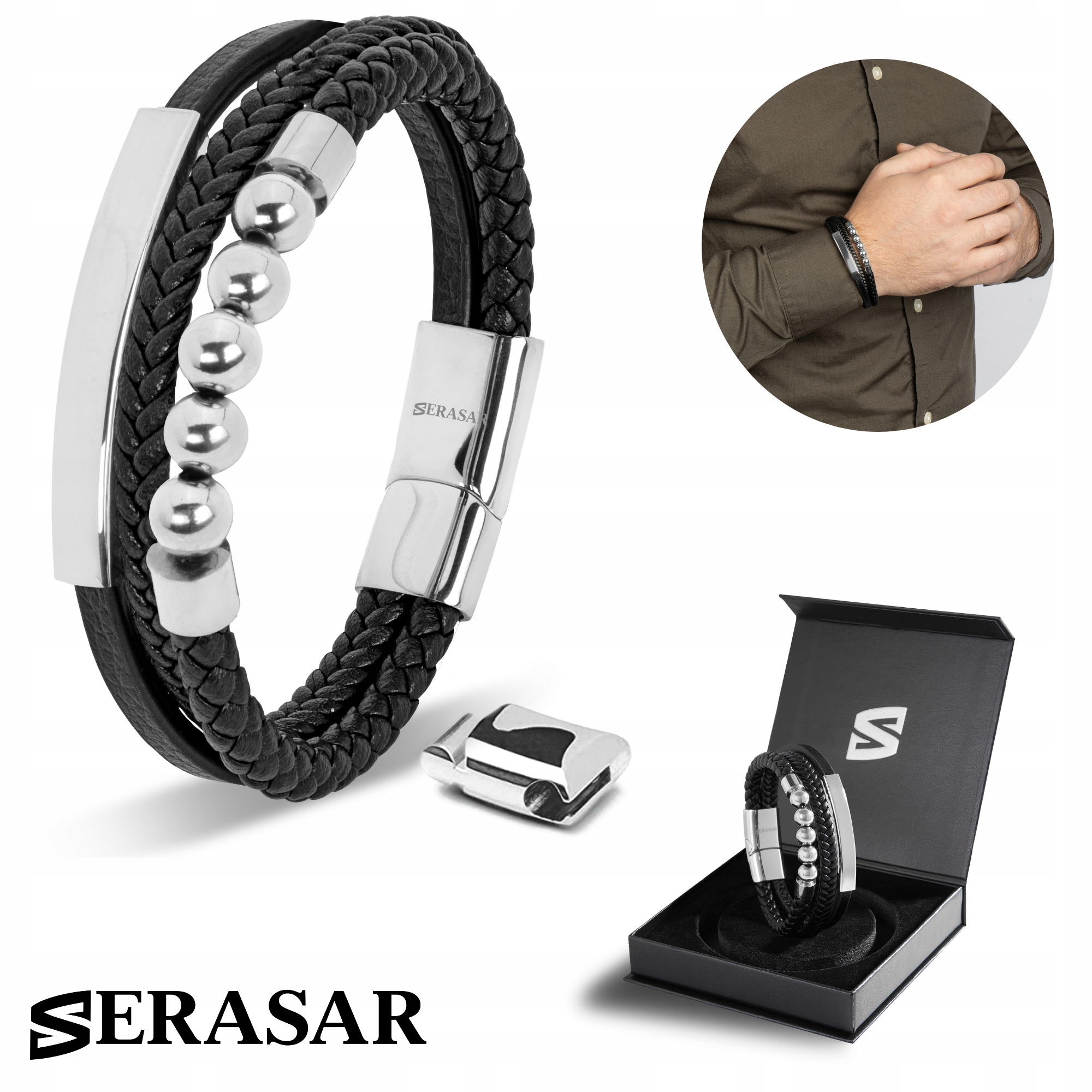 Serasar, Pánský kožený náramek [perla] stříbrný, 17 cm
