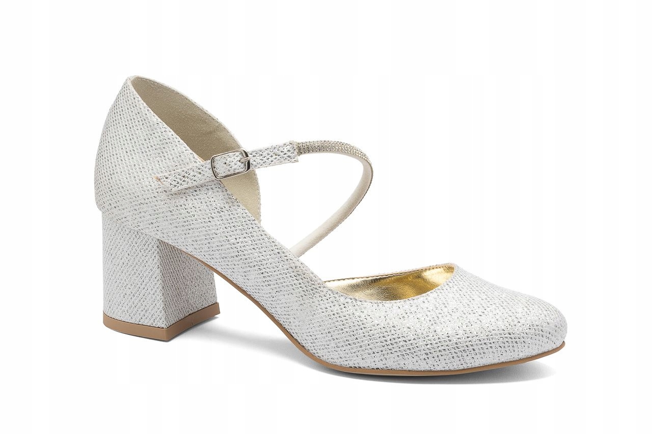 svatební brokátové boty na stabilním podpatku, 6 cm, ozdobný pásek na úkos 40