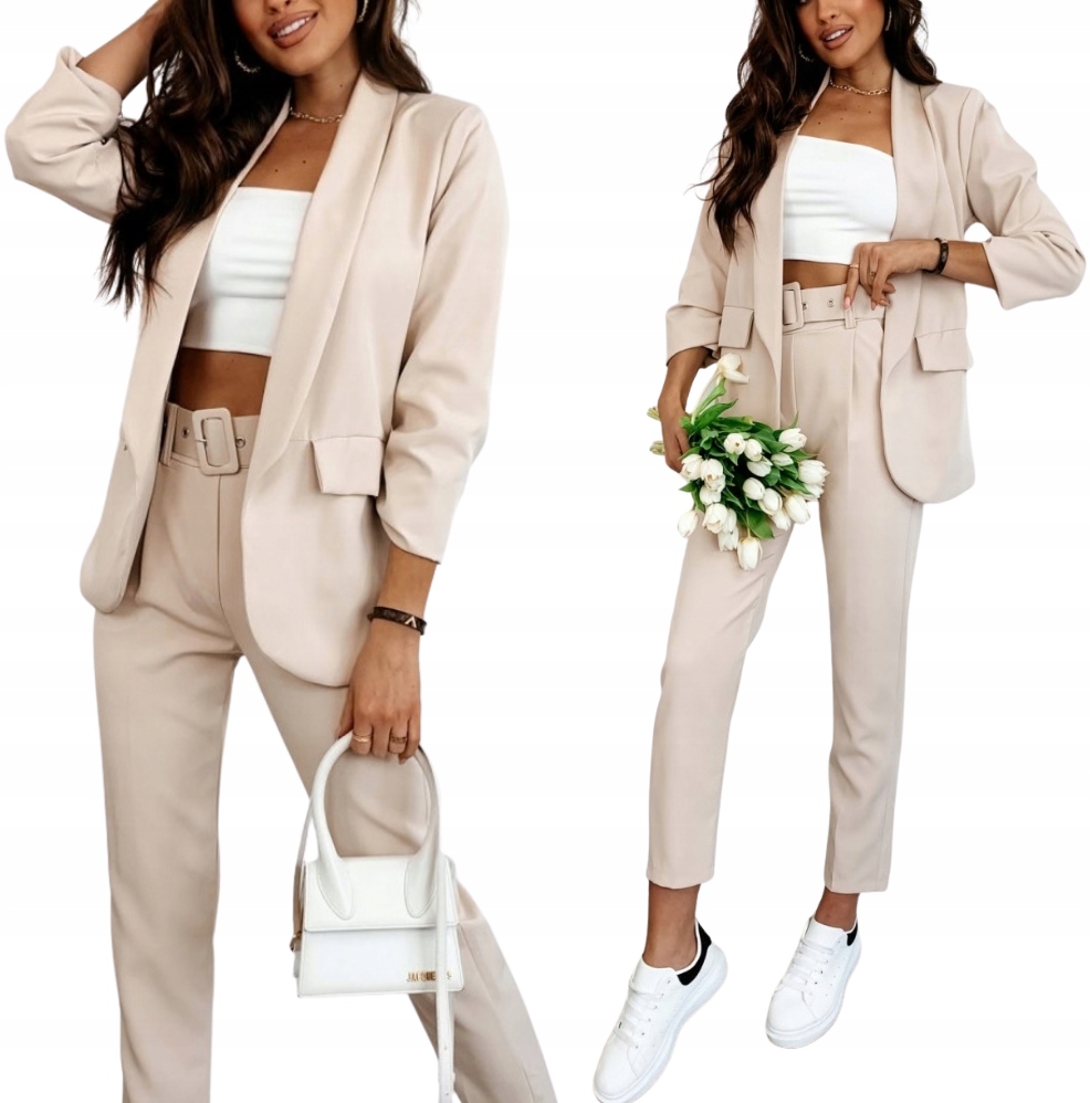 Dámský Oblek Komplet Sako Kalhoty S Páskem Béžová 38 M