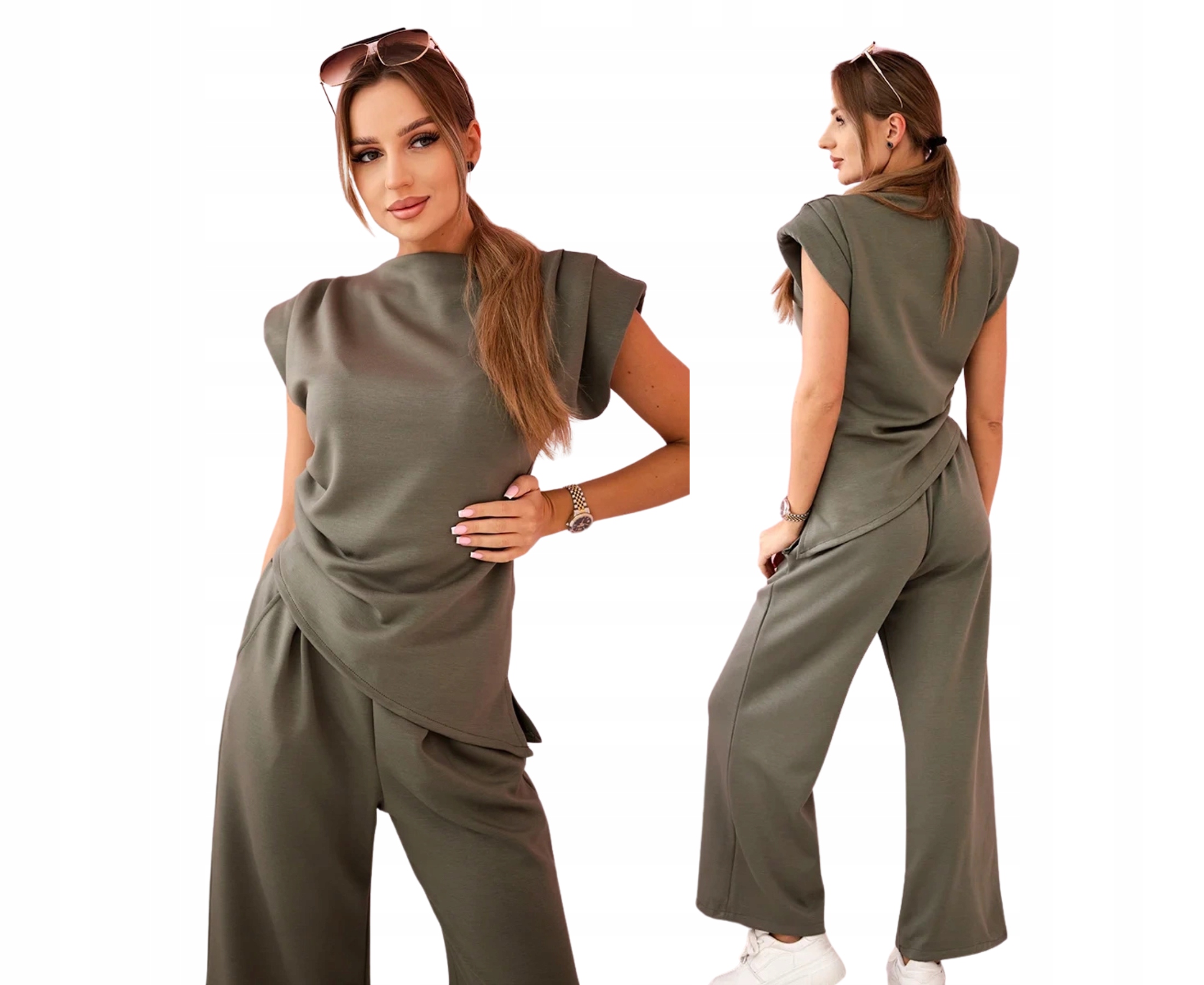 Khaki elegantní dámský komplet: asymetrická halenka kalhoty