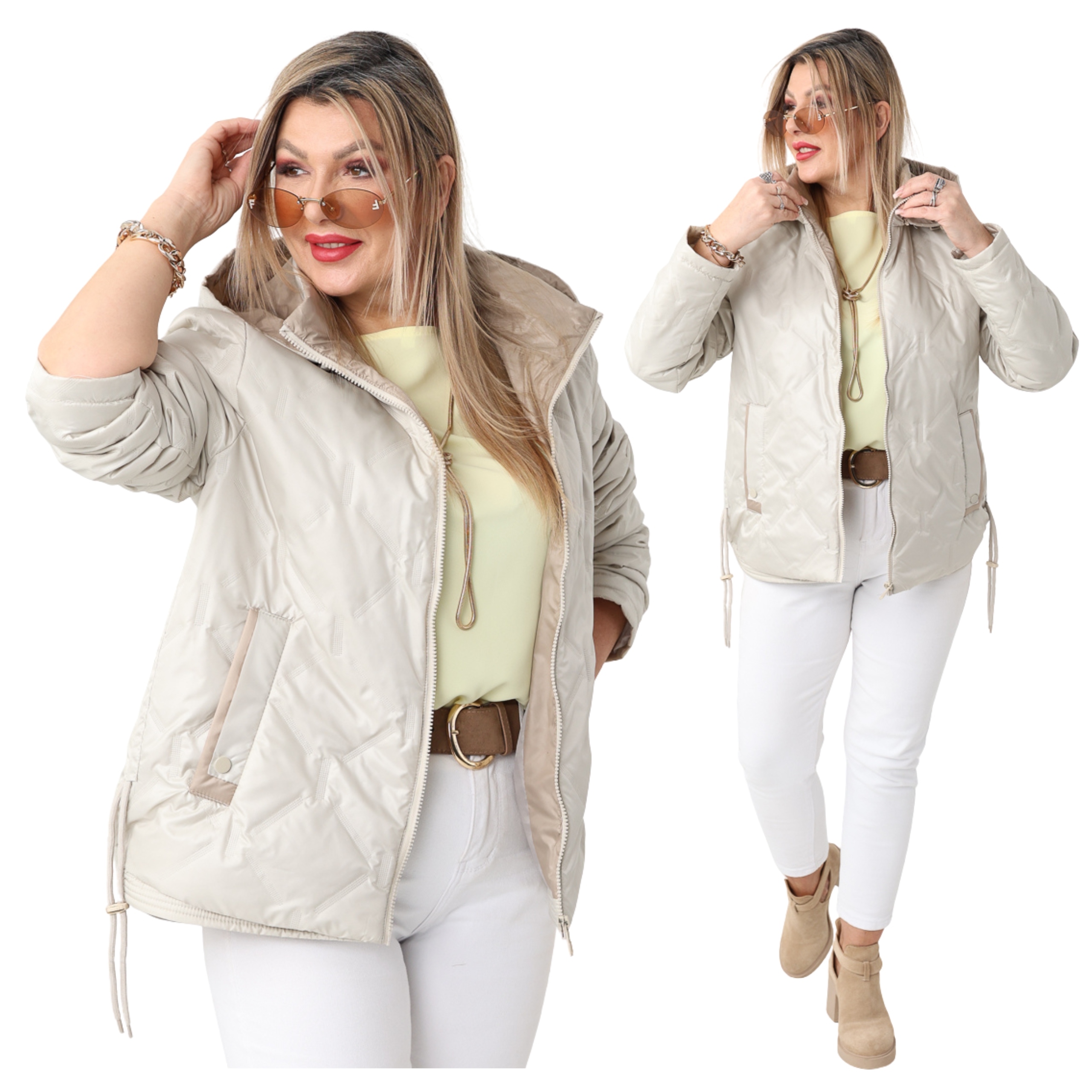 Pikowana Przejściowa Kurtka Damska Duże Rozmiary Regulowana Po Bokach