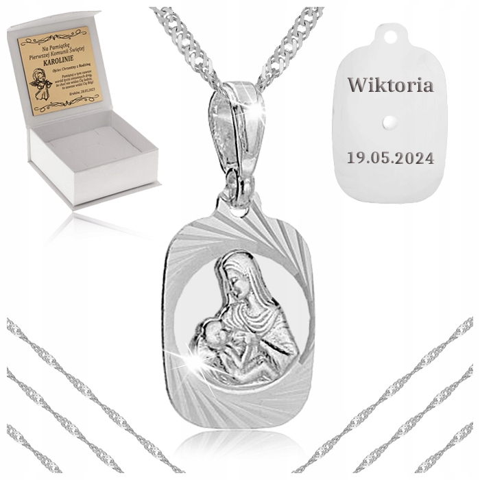 SREBRNY ŁAŃCUSZEK SINGAPUR + MEDALIK 925 MATKA BOSKA + GRAWER BIERZMOWANIE