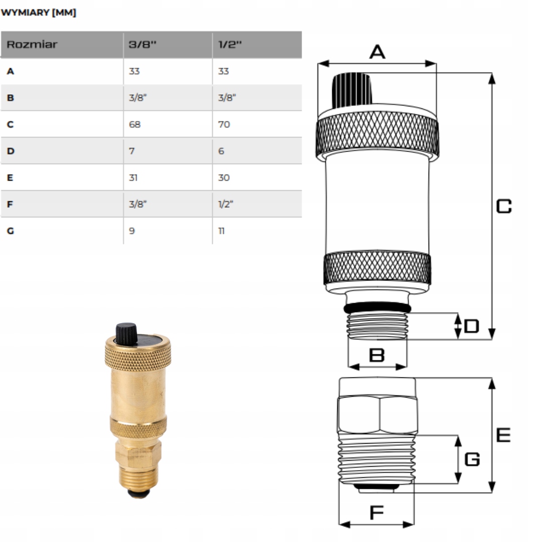 Odpowietrznik z zaworem 1/2 automatyczny Rodzaj odpowietrznik