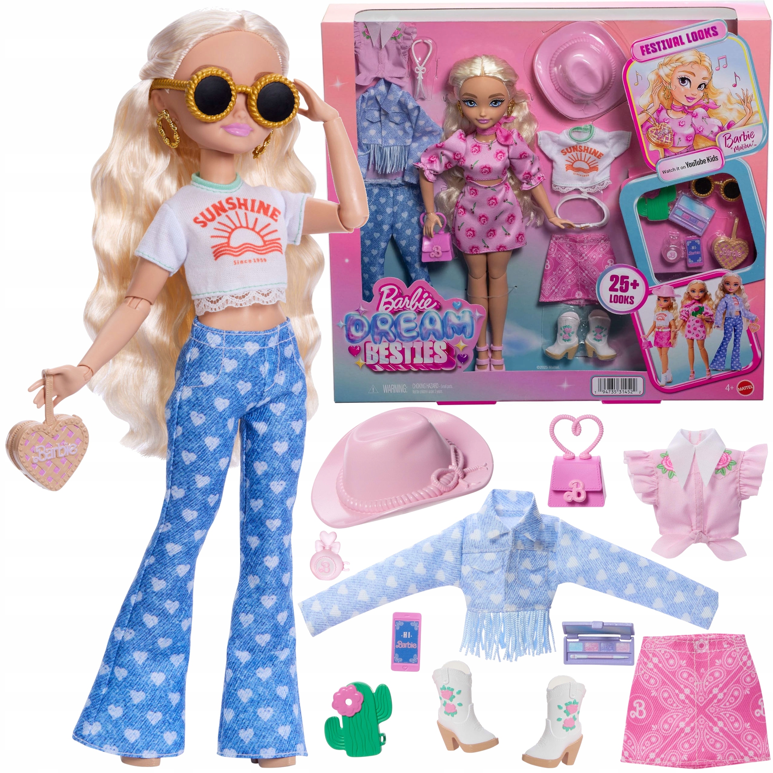 BARBIE DREAM BESTIES LALKA MALIBU ZESTAW FESTIVALOWE STYLIZACJE Z UBRANKAMI