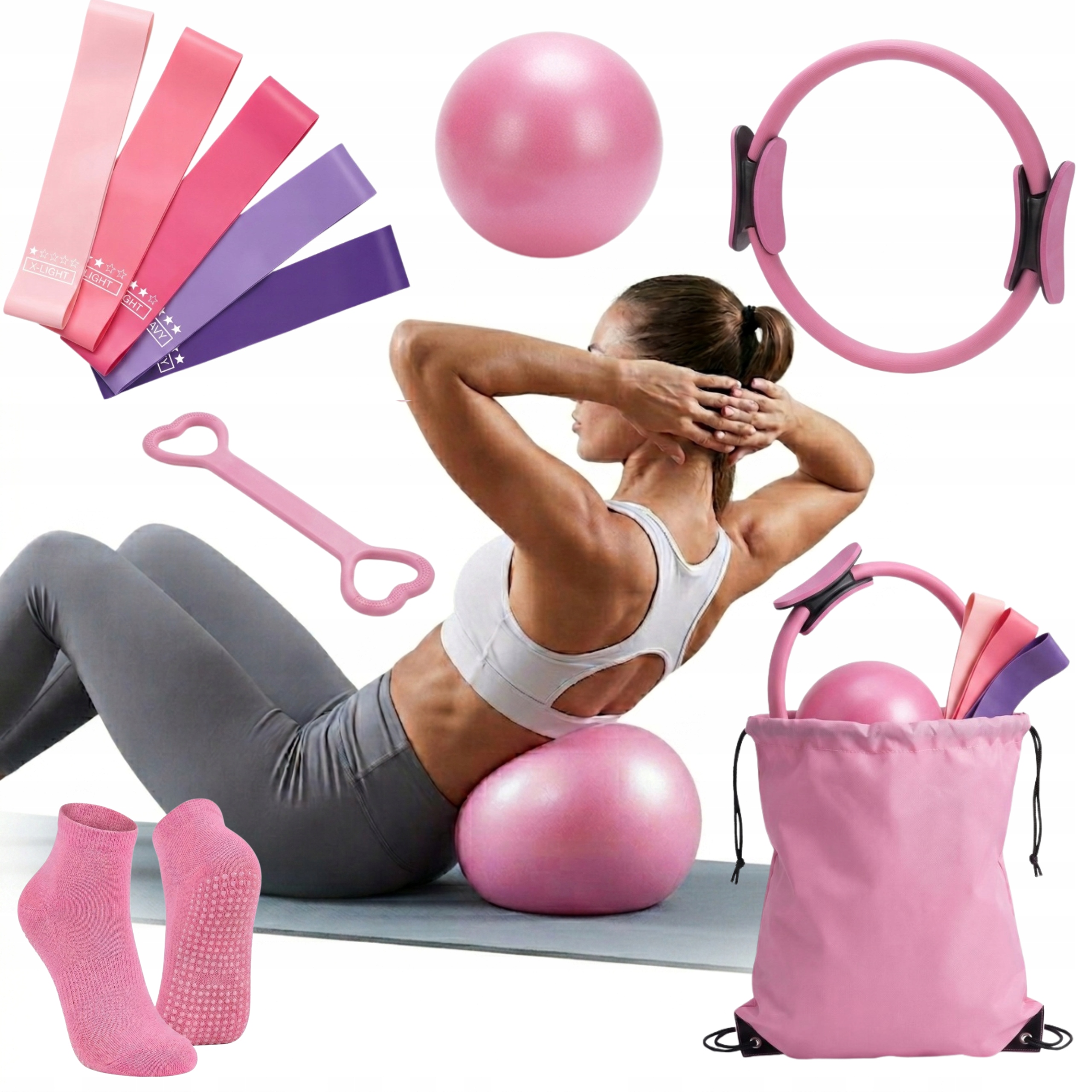 Zestaw Akcesoriów Do Jogi Pilatesu Ćwiczeń Gumy Piłka Koło Taśmy Fitness