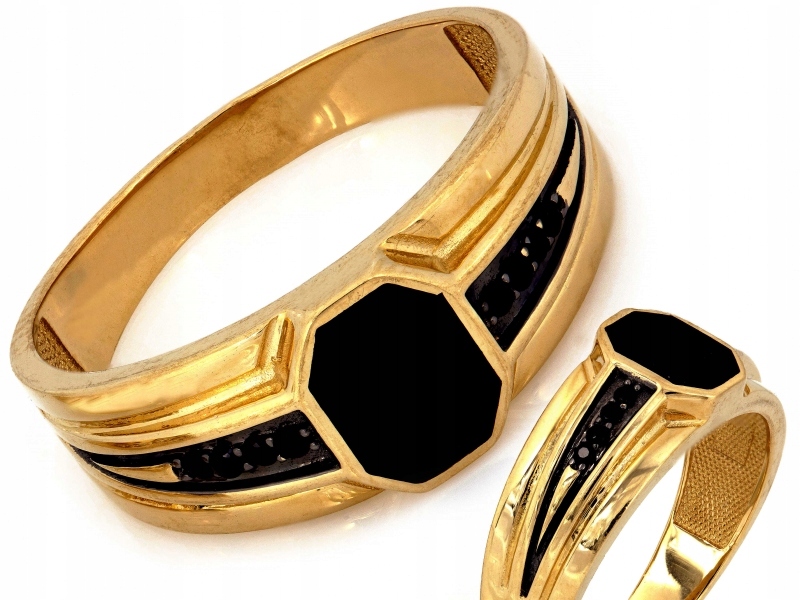 Zlatý prsten 585 14kt se smaltem a černými kameny R28 5.60g jako dárek