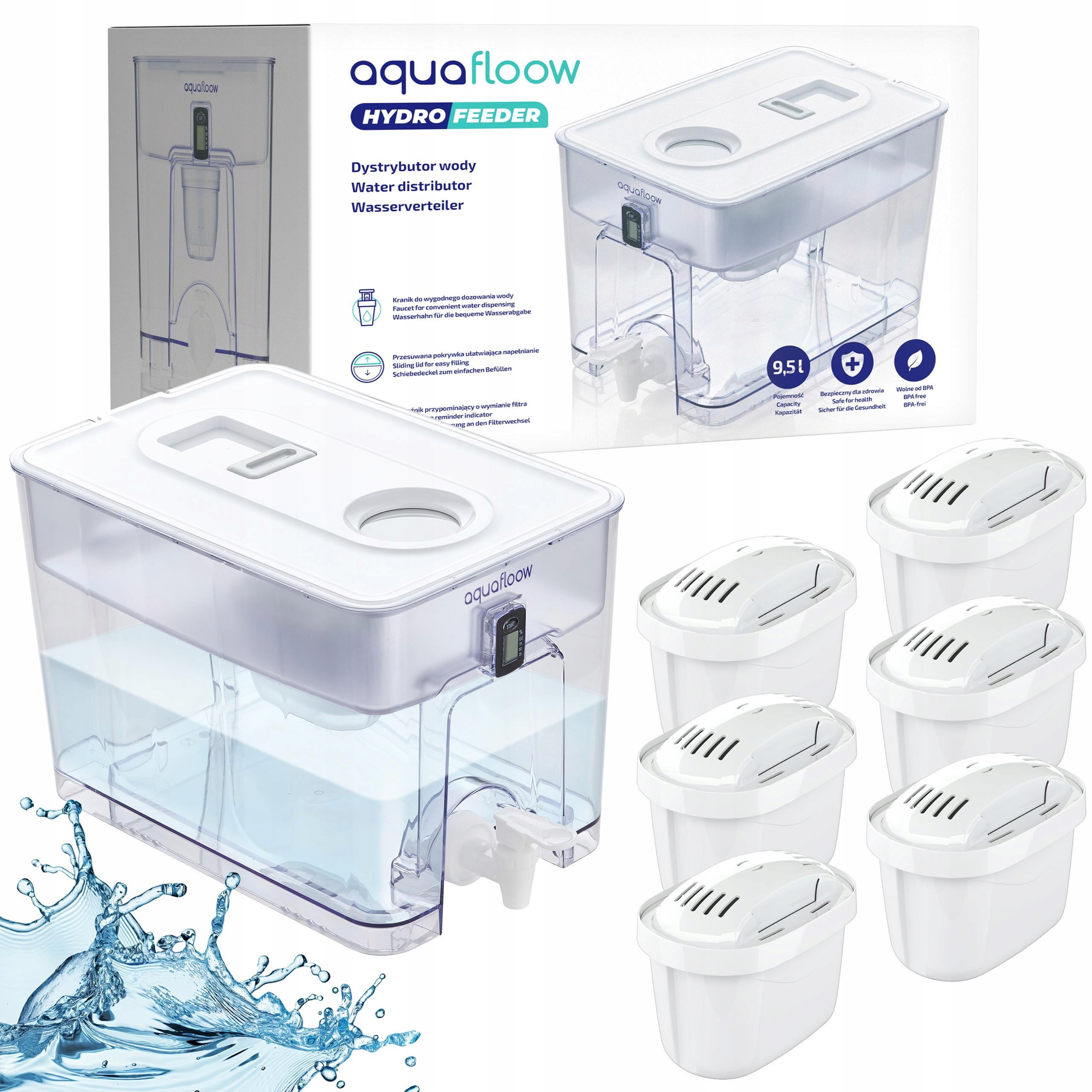 Velký rozvaděč vody XL AquaFloow Hydrofeeder 9,5 l 6 x vodní filtr Maxi