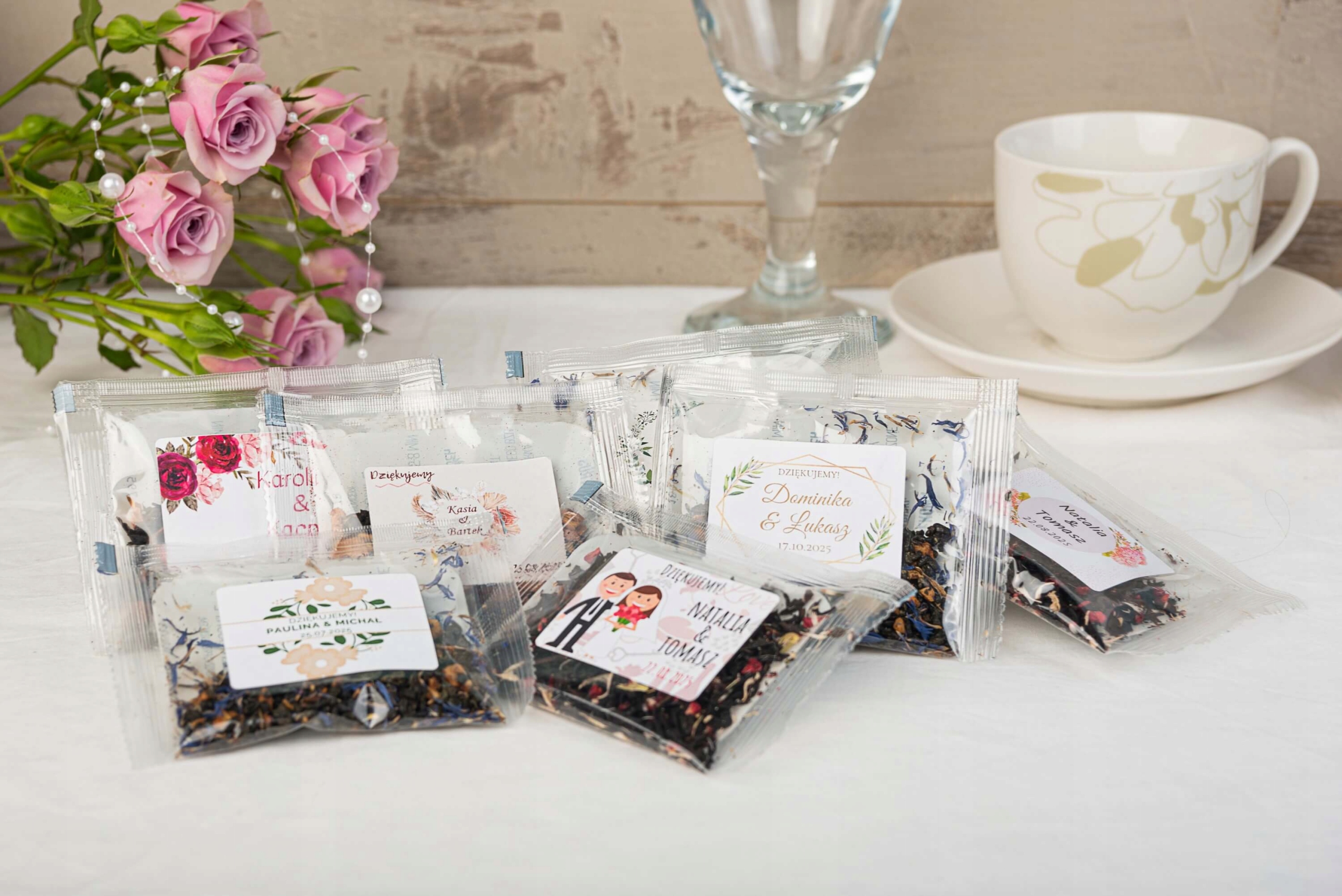 Podziękowania dla GOŚCI KOMUNIA chrzest baby shower SASZETKI Z HERBATĄ Marka Green Touch