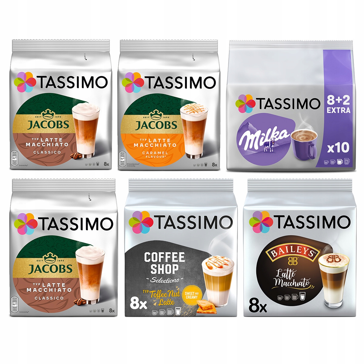 Kapsułki Tassimo kawy mleczne Latte, smakowe, Milka 5+1 Gratis!