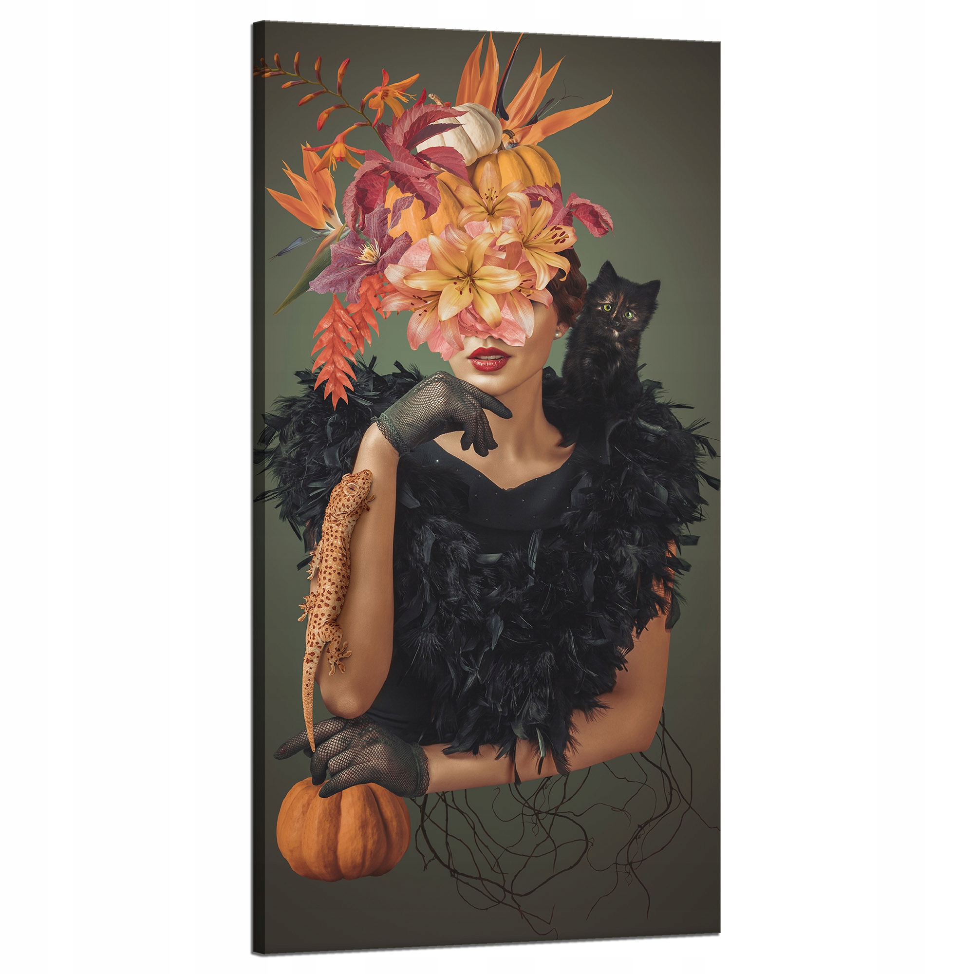 Obraz na plátně Dáma s kočkou Květiny Černá 60x120 cm Ideální jako dárek