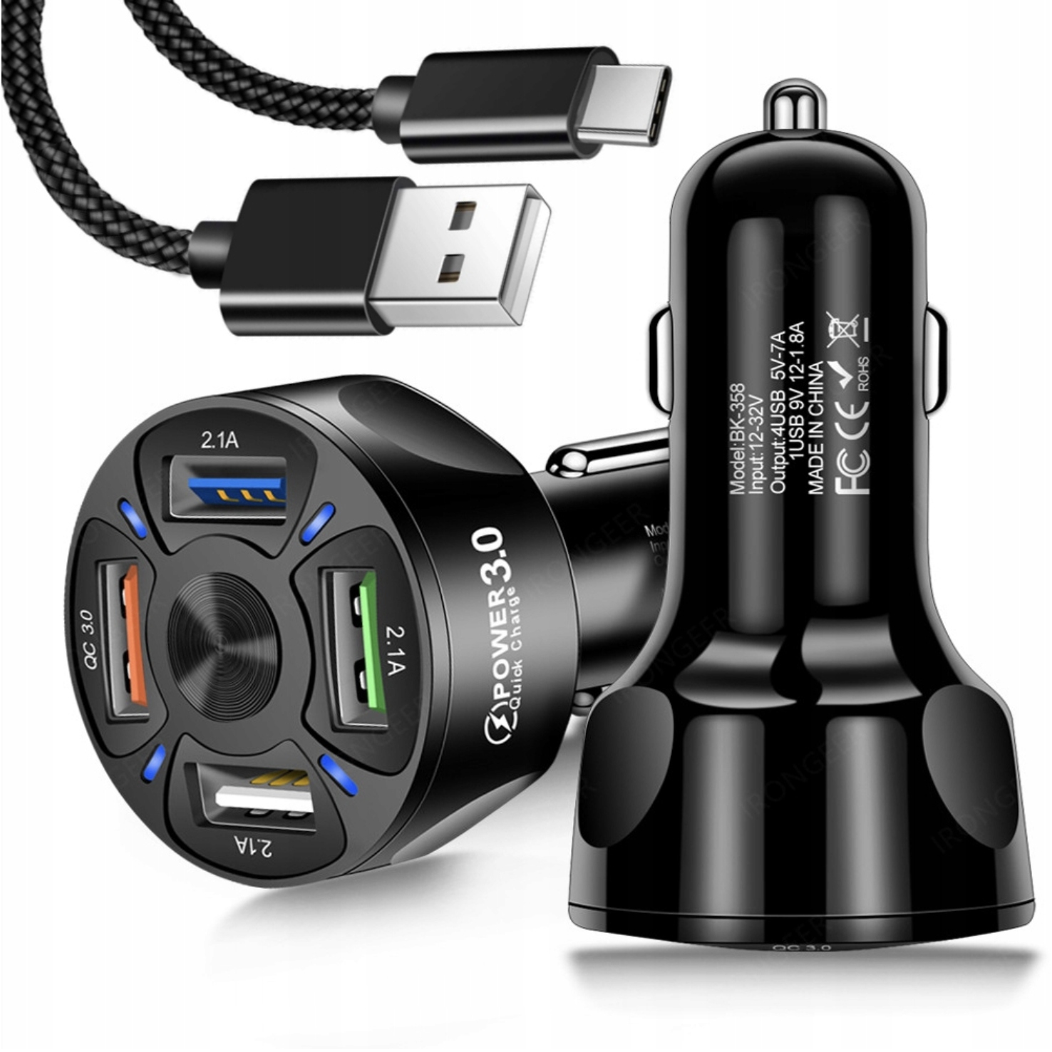 

Szybka Ładowarka Samochodowa 4xUSB Qc 3.0 Kabel