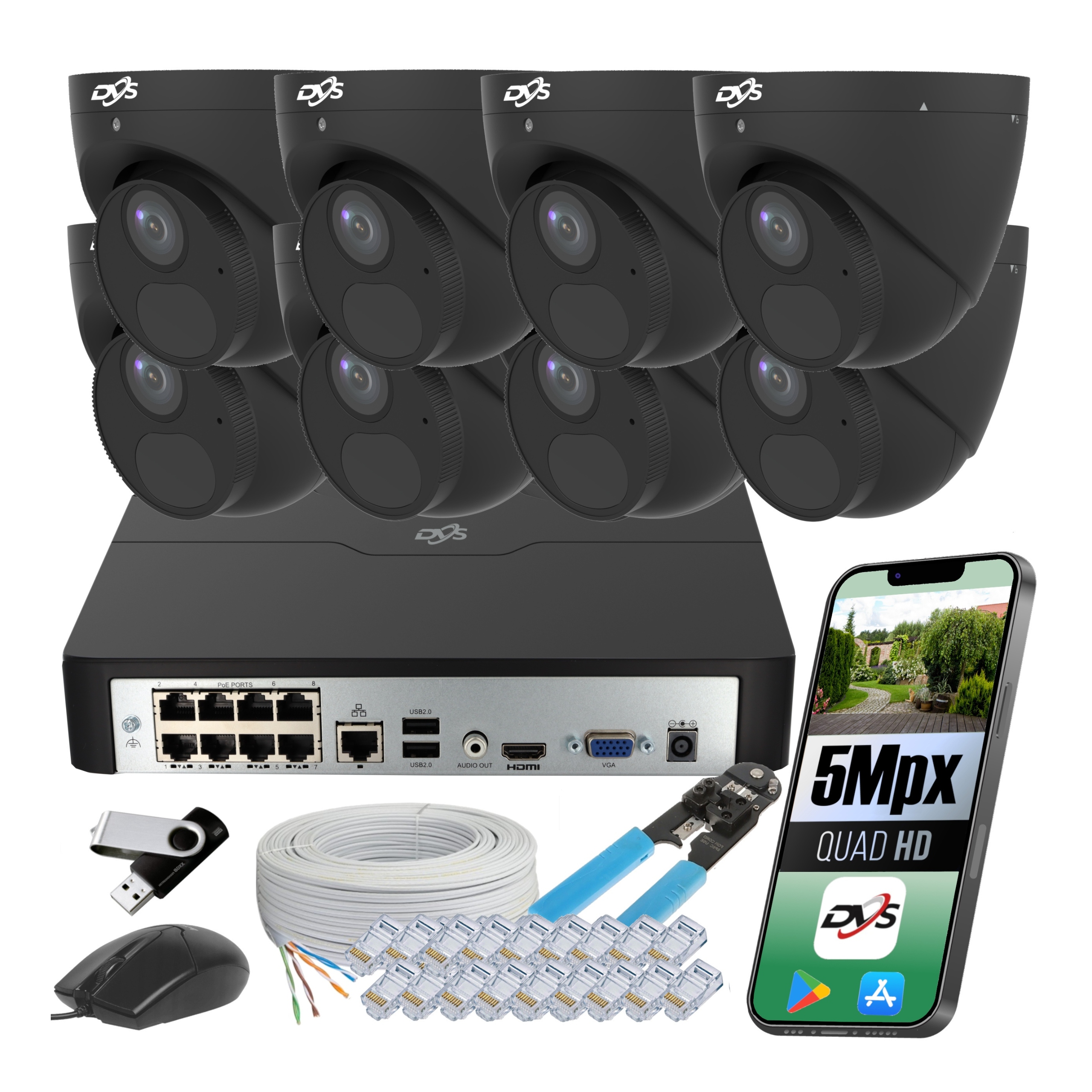 Monitoring Sada Ip 8 kamer 5Mpx kopule napájení Poe černé kovové Dvs