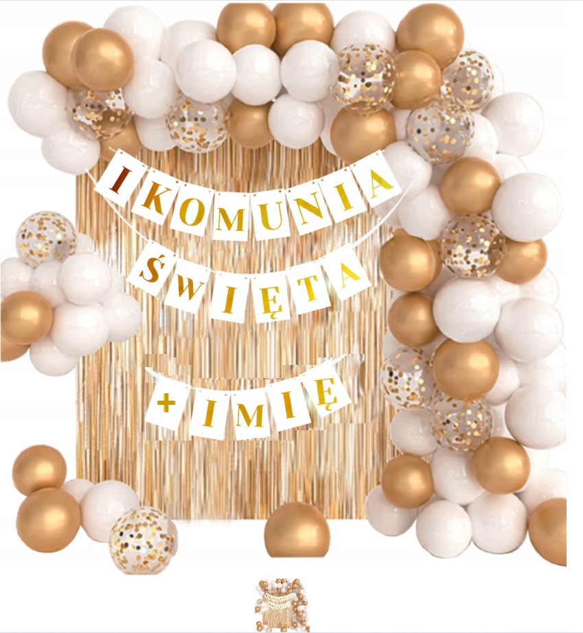 ZŁOTO-BIAŁY ZESTAW BALONÓW PIERWSZA KOMUNIA ŚWIĘTA GIRLANDA 74 ELEMEN +IMIĘ