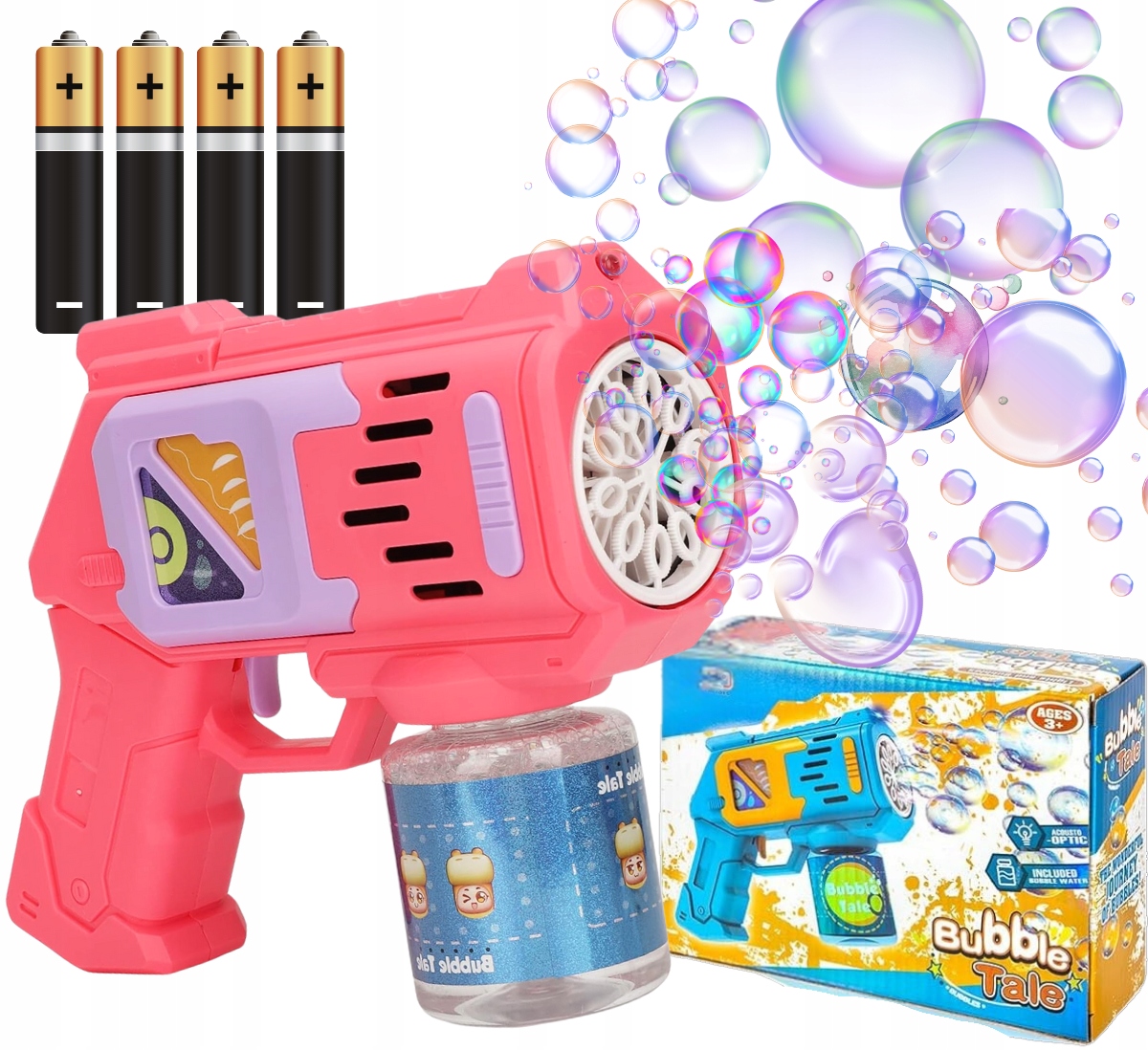 PISTOLET NA BAŃKI MASZYNA DO BANIEK NA BATERIE + PŁYN + 4szt BATERIE Różowy