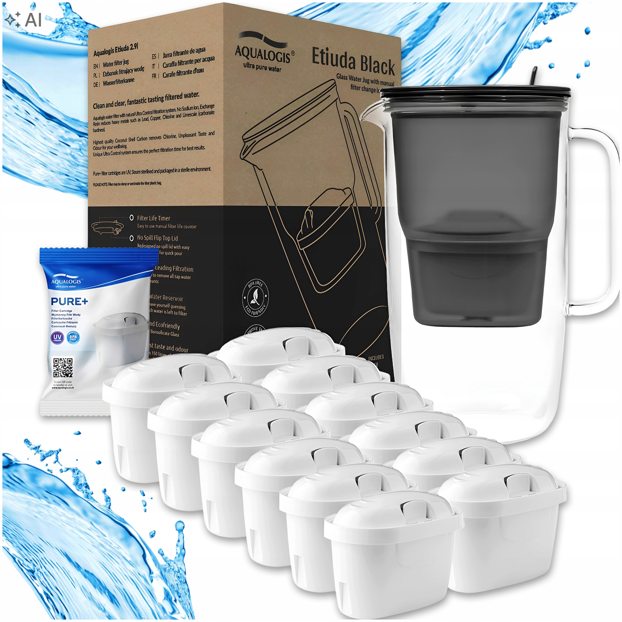 Filtrační Konvice Skleněná Etiuda Černá Vyměnitelné Vložky 12 x Filtr Pure+