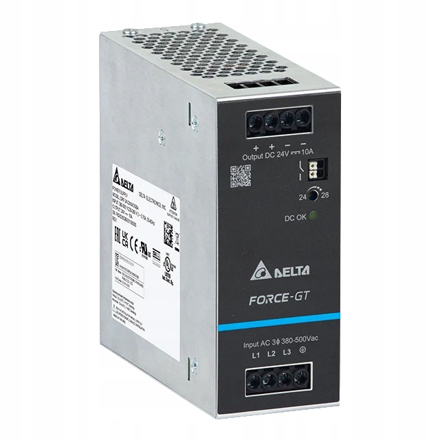 DRF-24V480W3GBA: Delta Din Rail 24V/20A, Force-gt, vysoká účinnost, vysoký výkon