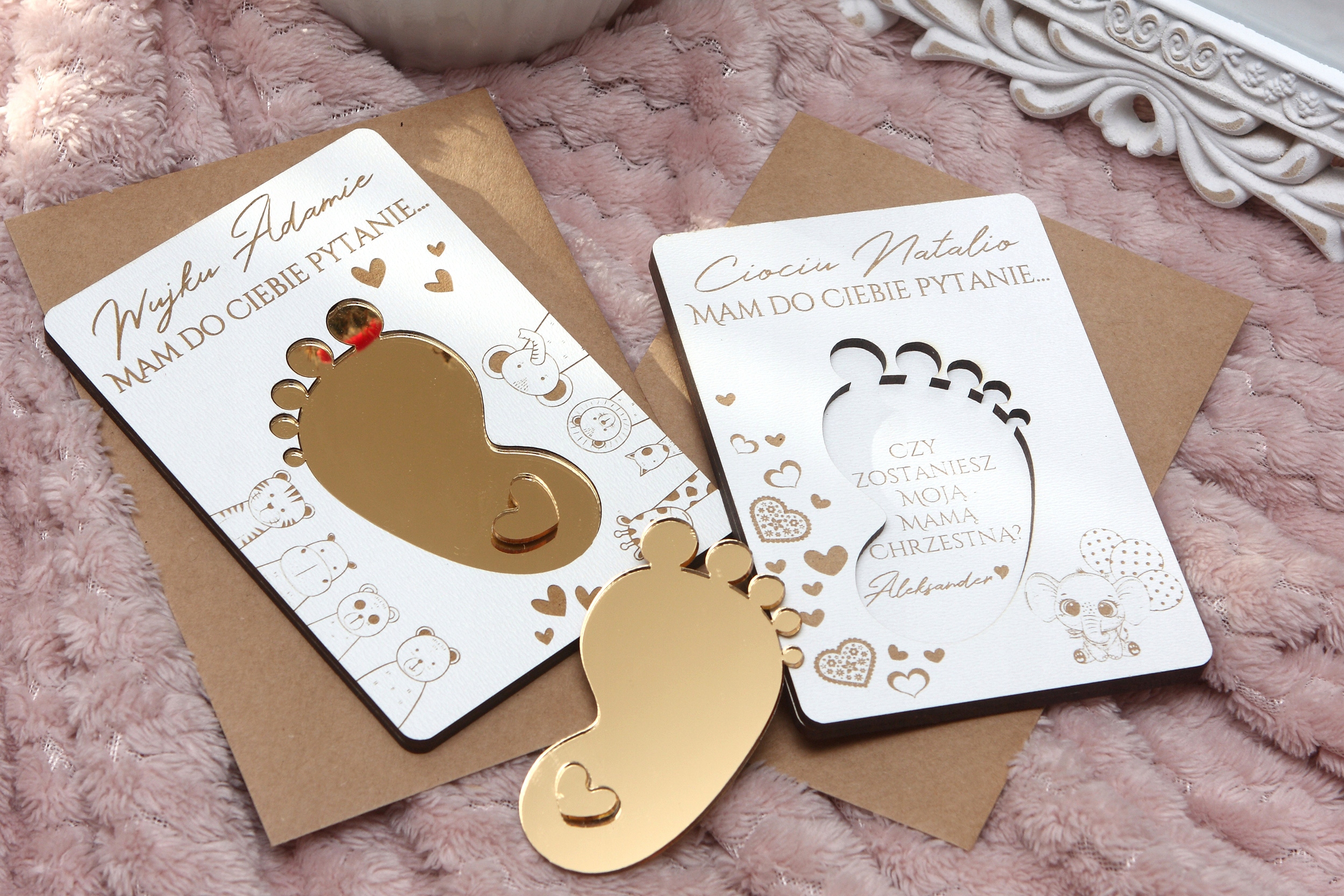 ZAPROSZENIE NA CHRZEST PROŚBA O BYCIE CHRZESTNĄ CHRZESTNYM ZŁOTE LUSTRO Marka bez marki