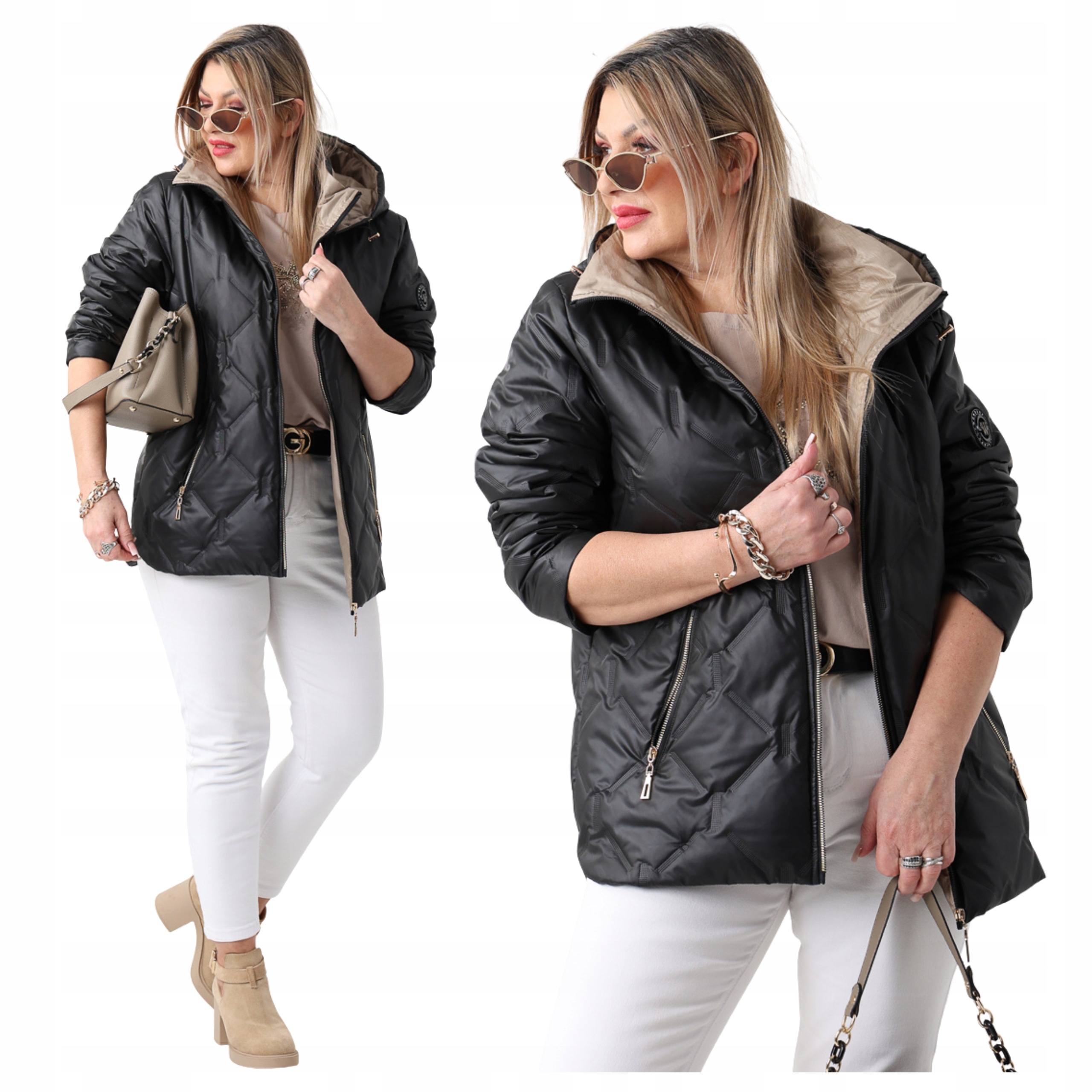 Pikowana Kurtka Damska Duże Rozmiary Z Kapturem Na Zamek Przejściowa