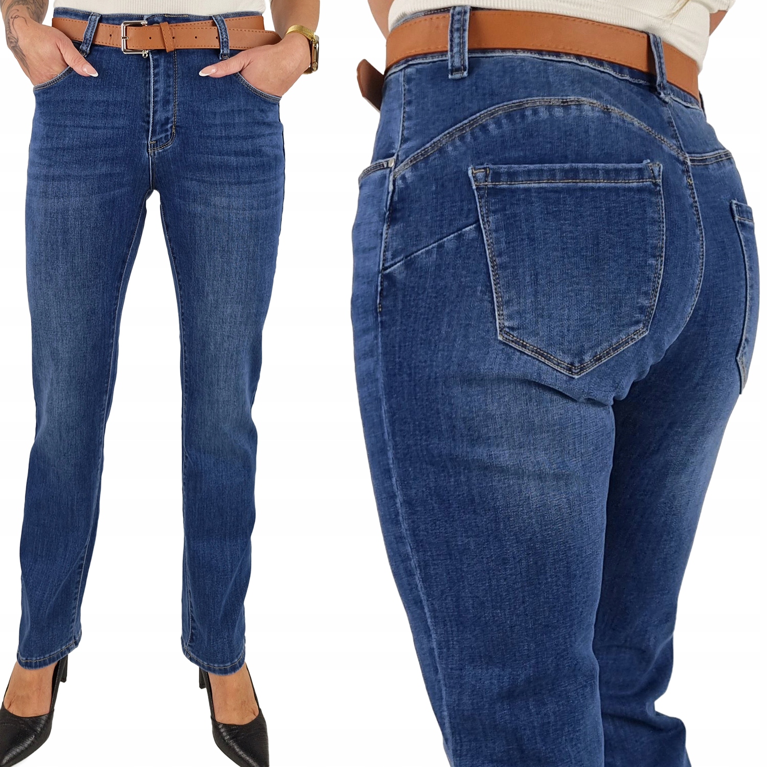 MS37 Dámské Kalhoty M.sara Džíny Rovné Nohavice Dlouhé Pásek XXL/44