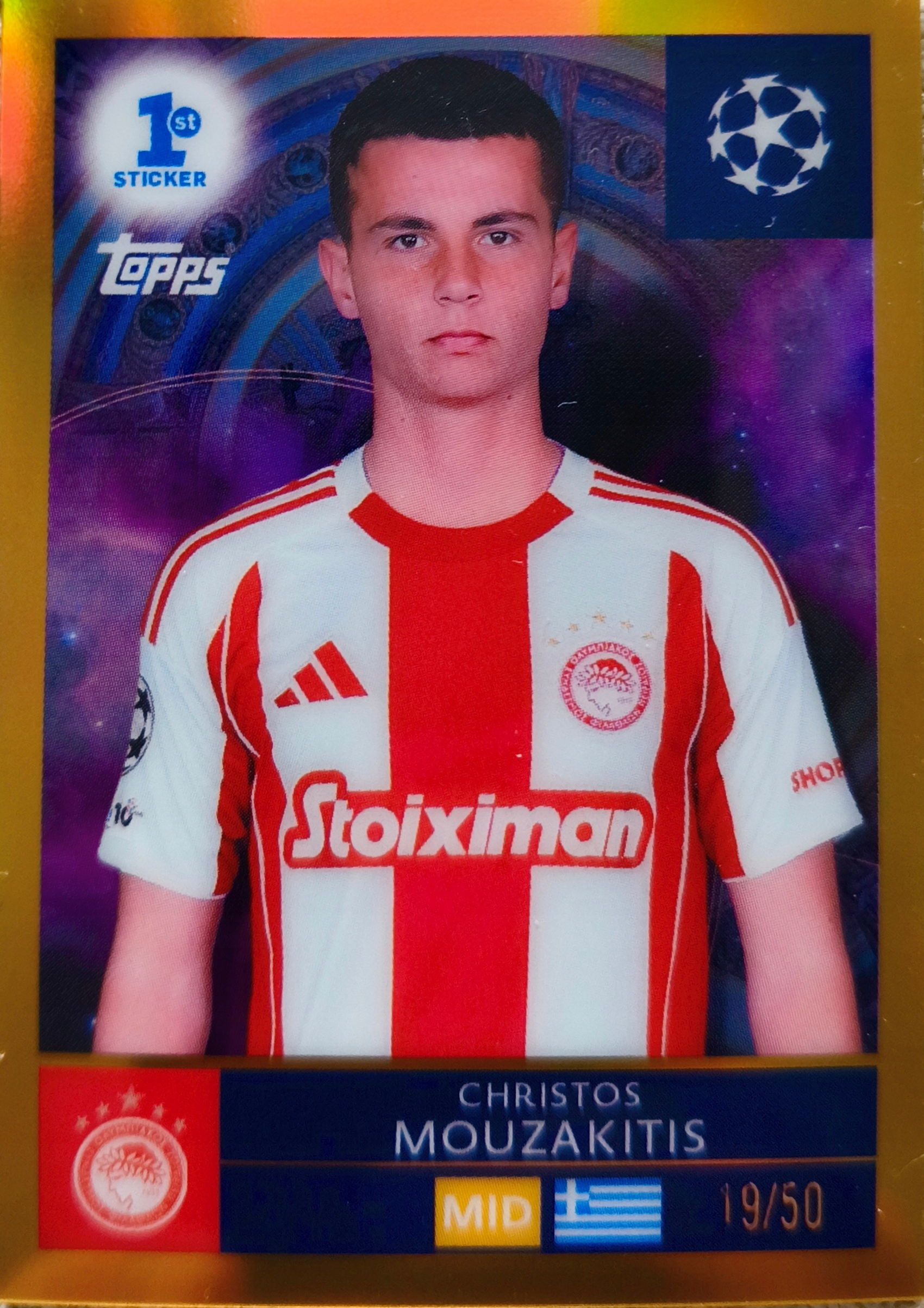 samolepky 2025/26 2026 samolepka Chrome Gold 19/50 1st Sticker 288 Mouzakitis
