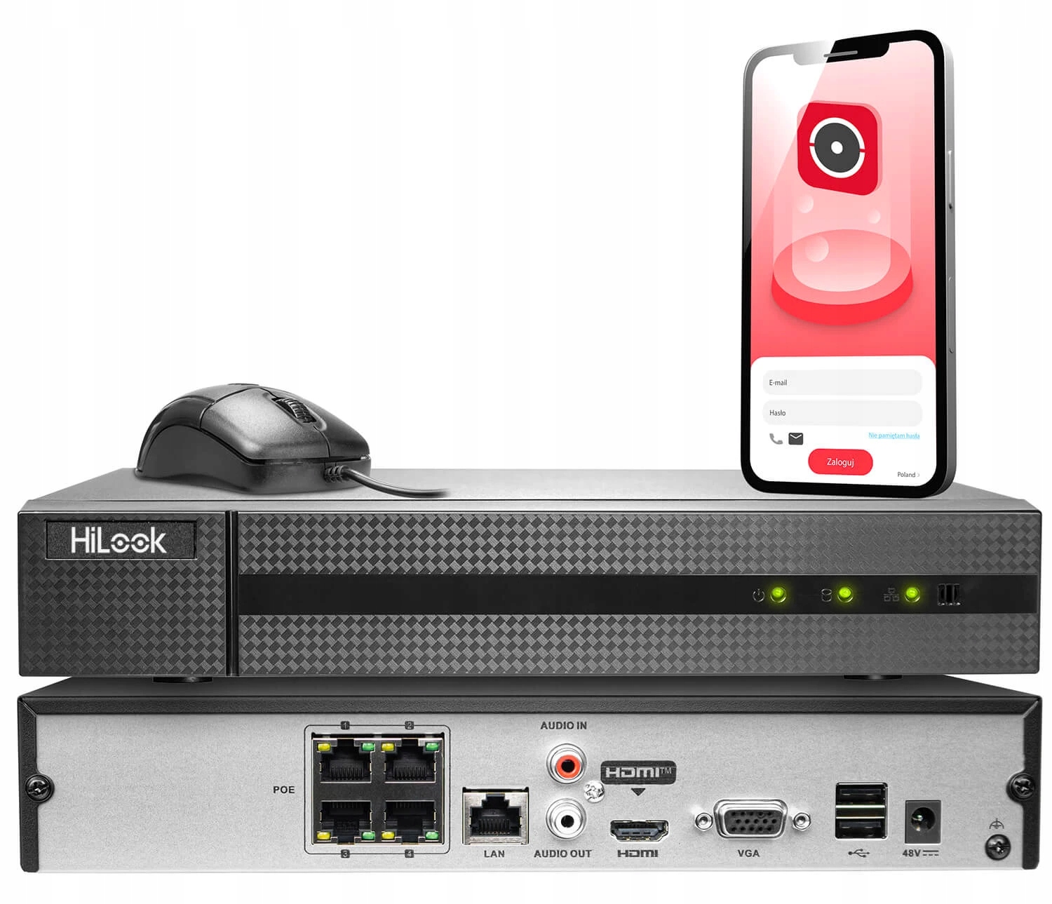 Rejestrator IP sieciowy 4 kanałowy 4MPx PoE H.265+ HDMI Aplikacja HiLook