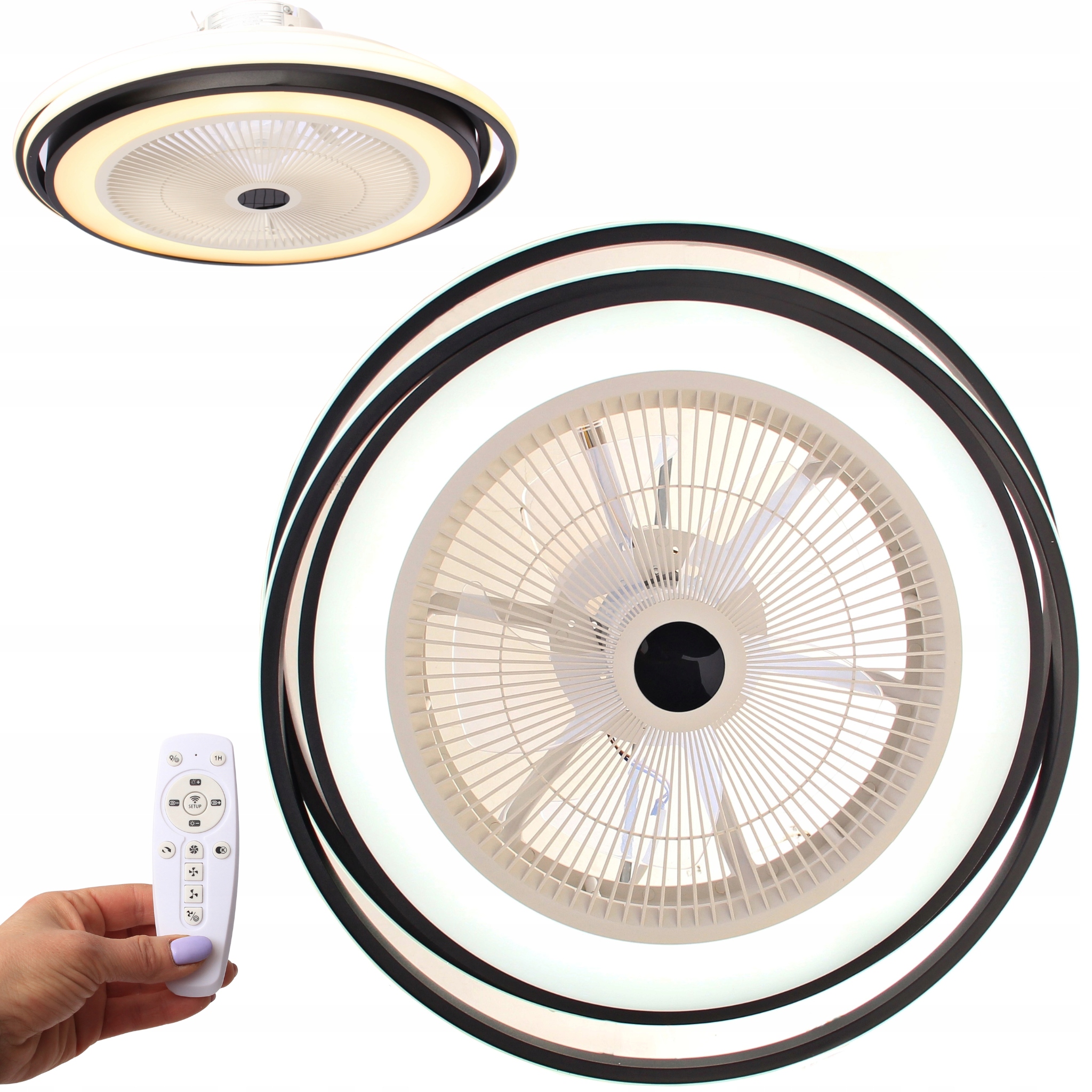 Lampa Led + Wentylator Czarny Plafon Sufitowy Nowoczesny Pilot Wiatrak BoHo